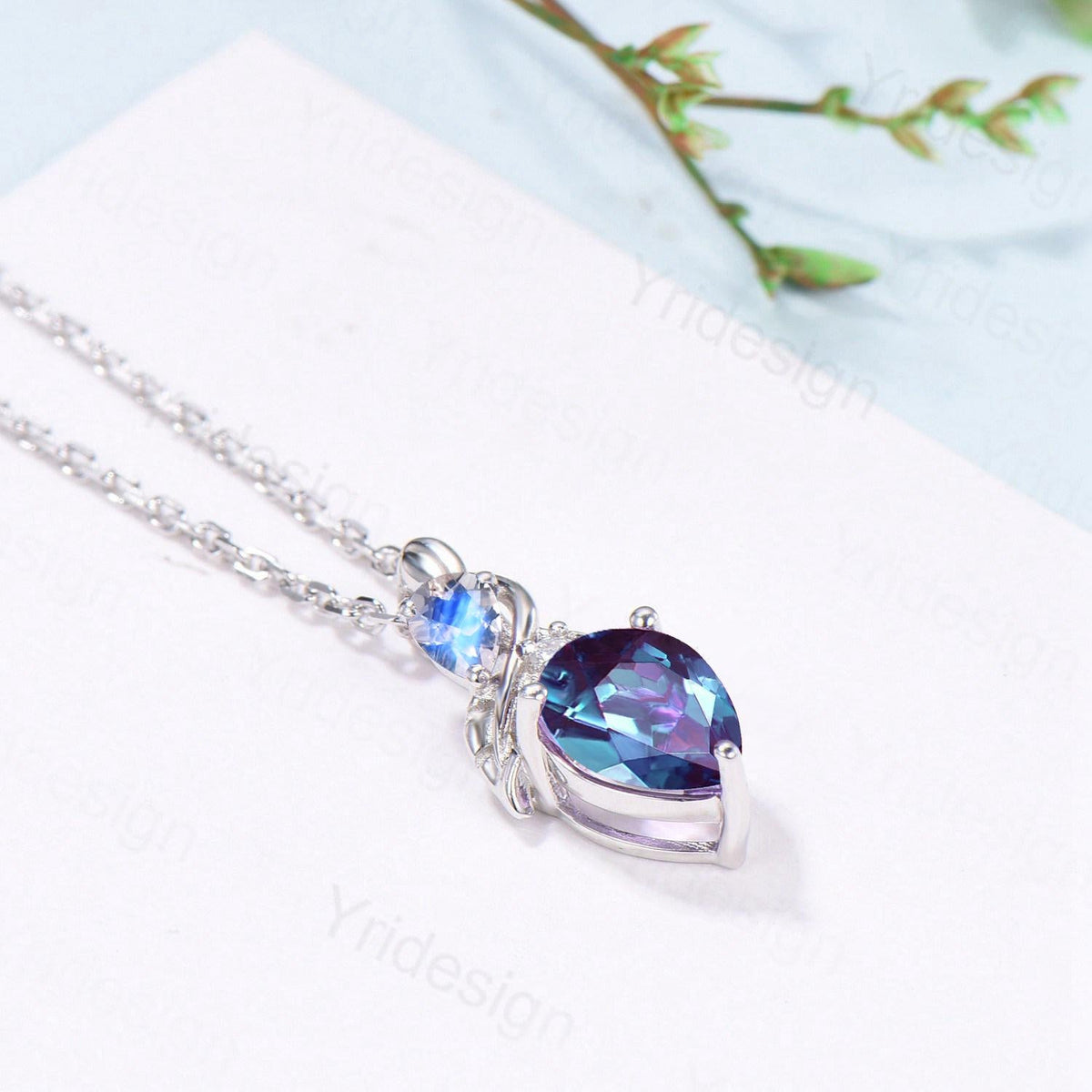 Pear Alexandrite Pendant Necklace, Moonstone Leaf Vine, Handmade