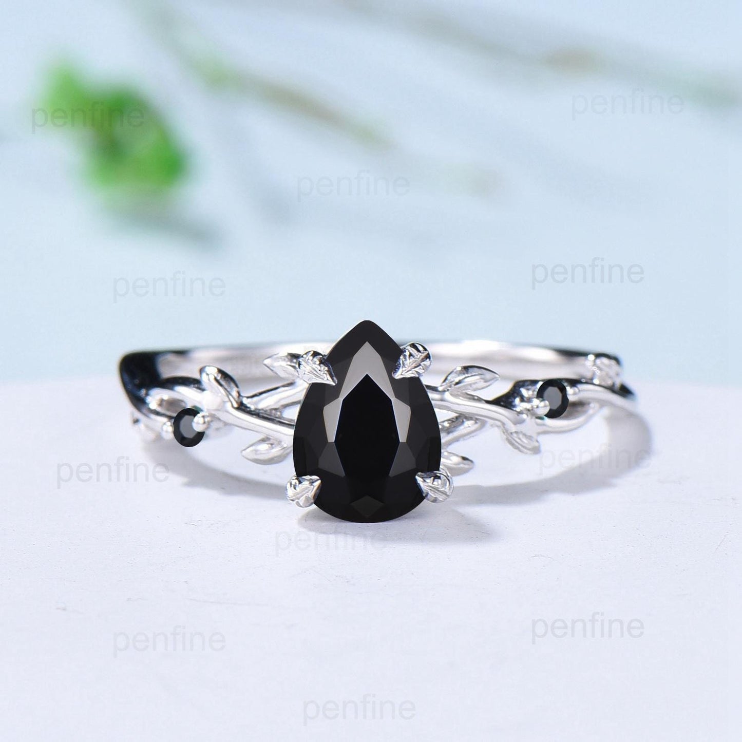 Vintage Black Onyx Ring Set Pear Shaped Twig Vine Engagement Ring Nature Inspired Wedding Set Art Deco Anniversary Promise Jewelry Gifts