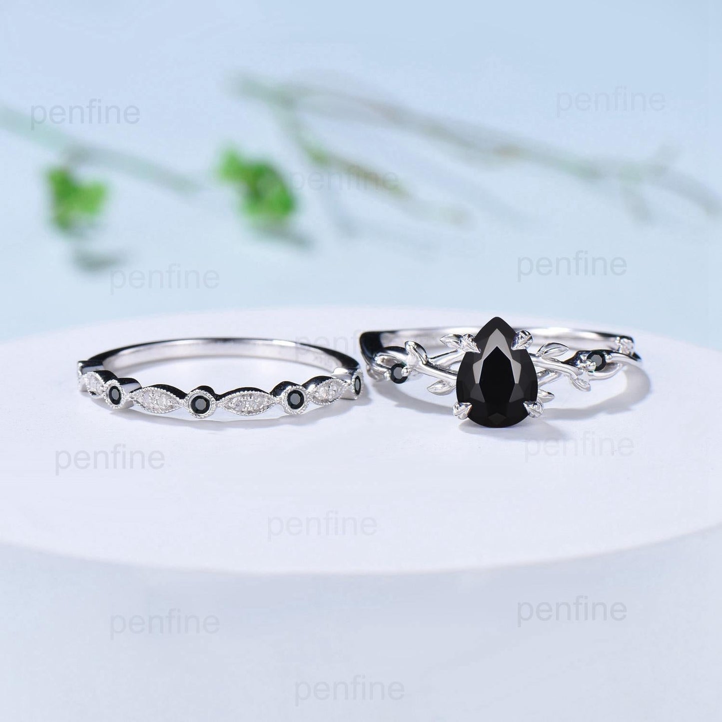 Vintage Black Onyx Ring Set Pear Shaped Twig Vine Engagement Ring Nature Inspired Wedding Set Art Deco Anniversary Promise Jewelry Gifts