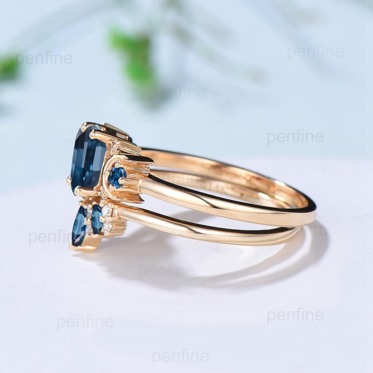 Unique London blue topaz engagement ring set hexagon cut 14k yellow gold moon wedding ring Elegant November birthstone bridal ring set women