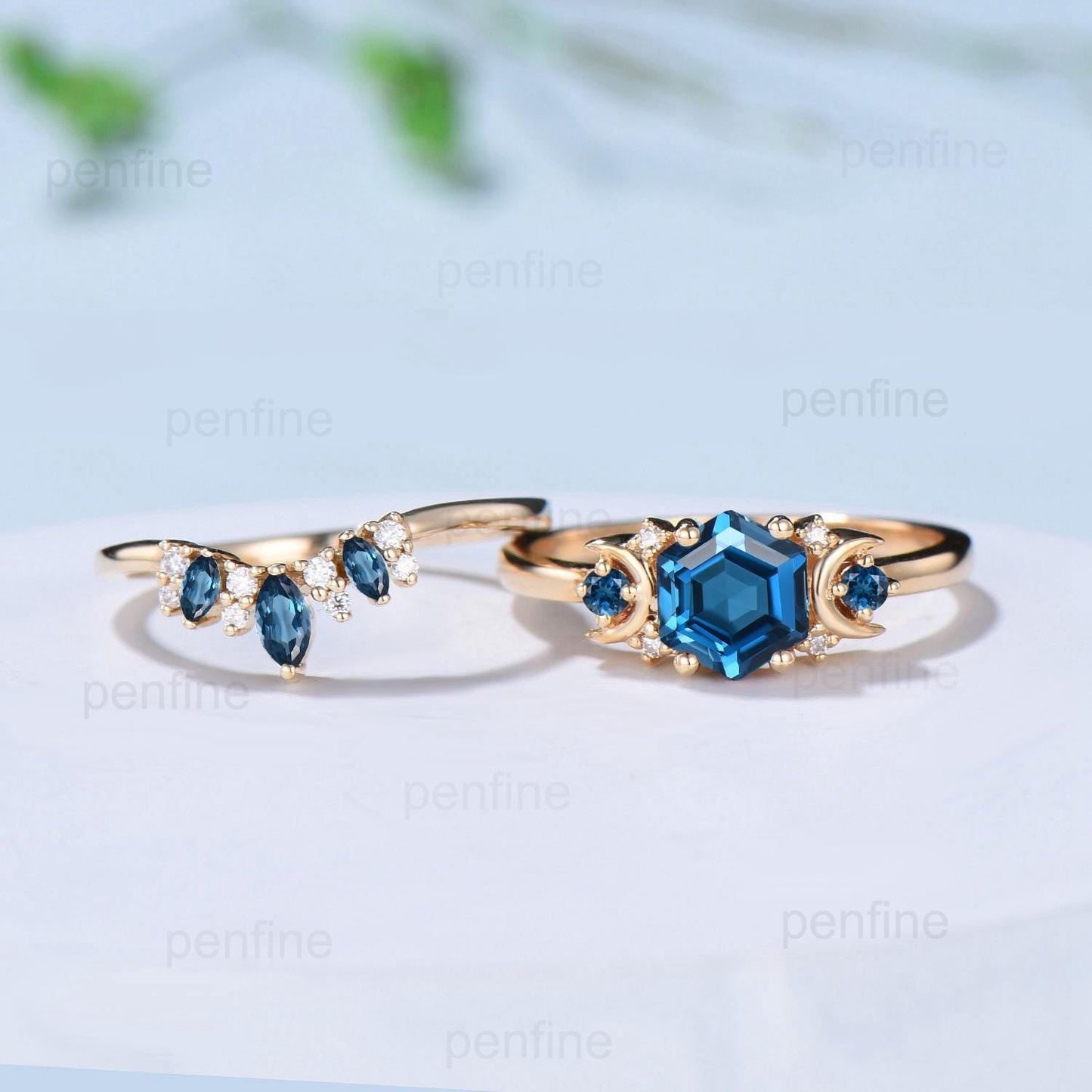 Unique London blue topaz engagement ring set hexagon cut 14k yellow gold moon wedding ring Elegant November birthstone bridal ring set women