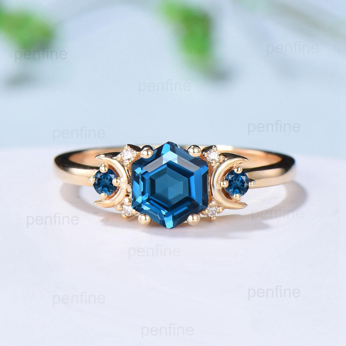 Unique London blue topaz engagement ring set hexagon cut 14k yellow gold moon wedding ring Elegant November birthstone bridal ring set women