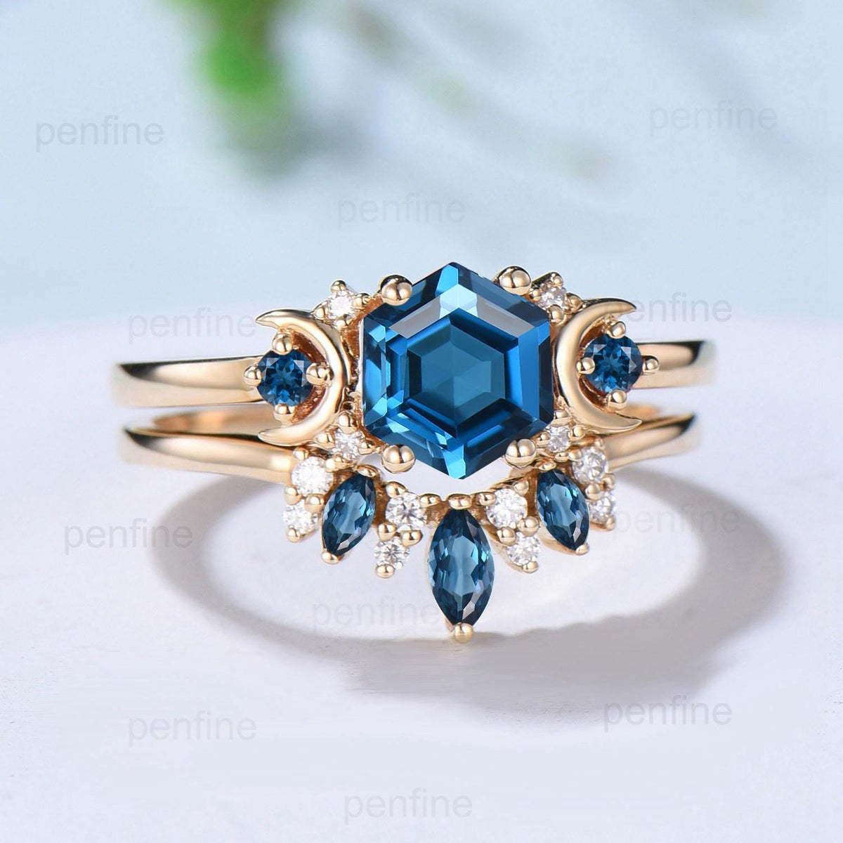 Unique London blue topaz engagement ring set hexagon cut 14k yellow gold moon wedding ring Elegant November birthstone bridal ring set women