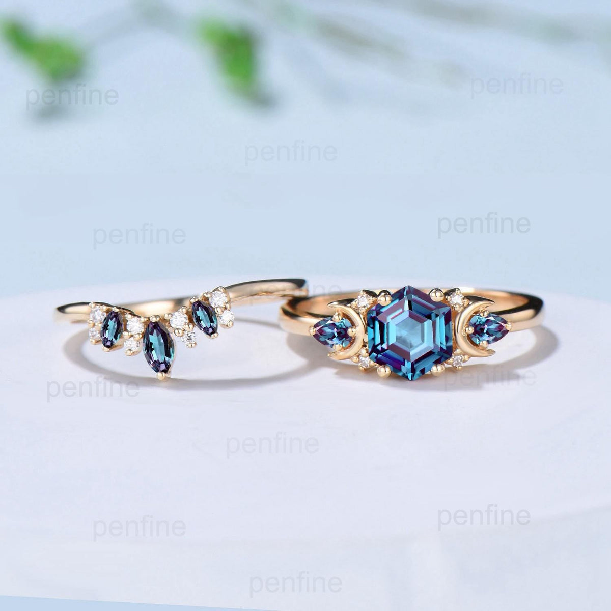 Unique hexagon cut alexandrite engagement ring set 14k yellow gold moon pear color change stone wedding ring Elegant Alexandrite bridal set