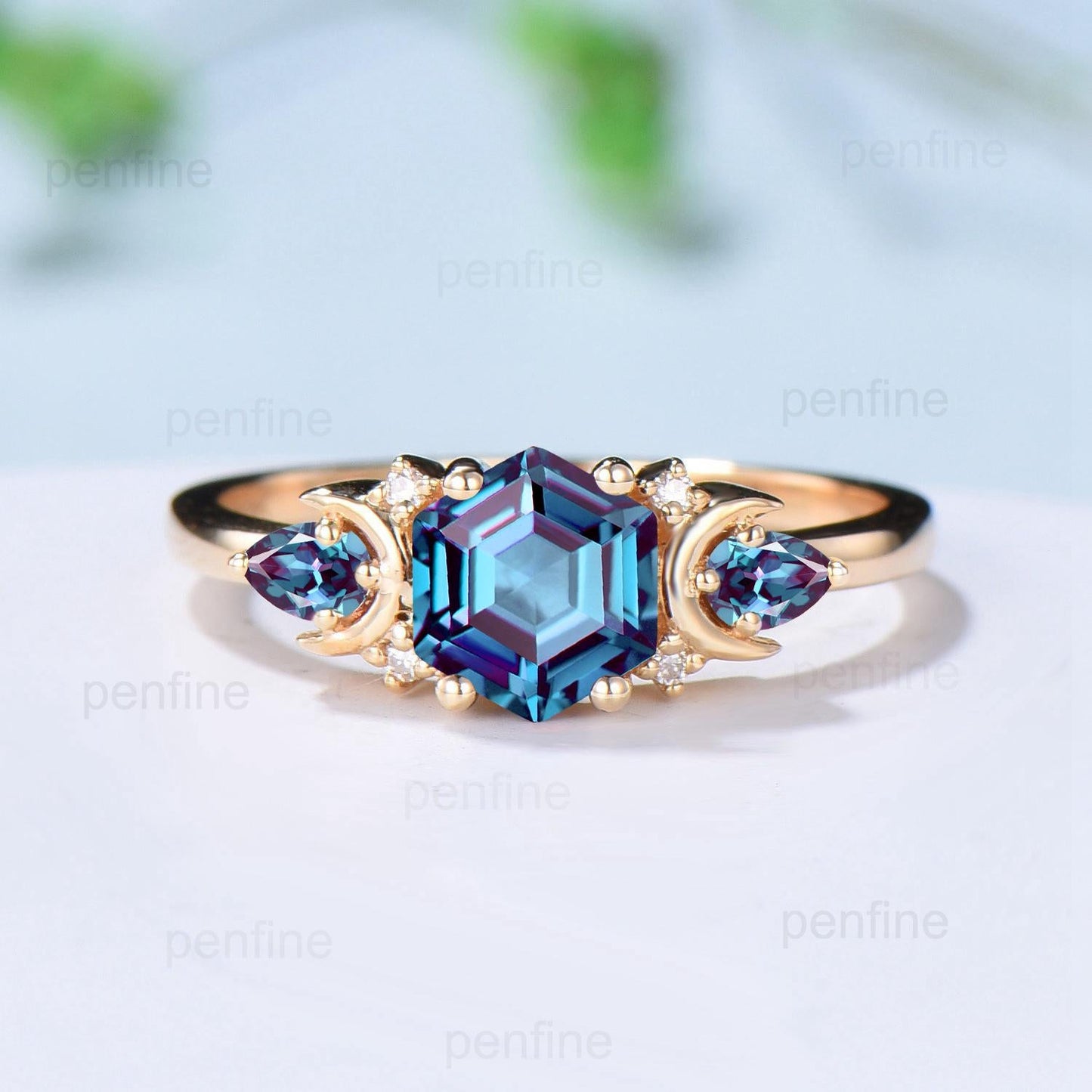 Unique hexagon cut alexandrite engagement ring set 14k yellow gold moon pear color change stone wedding ring Elegant Alexandrite bridal set