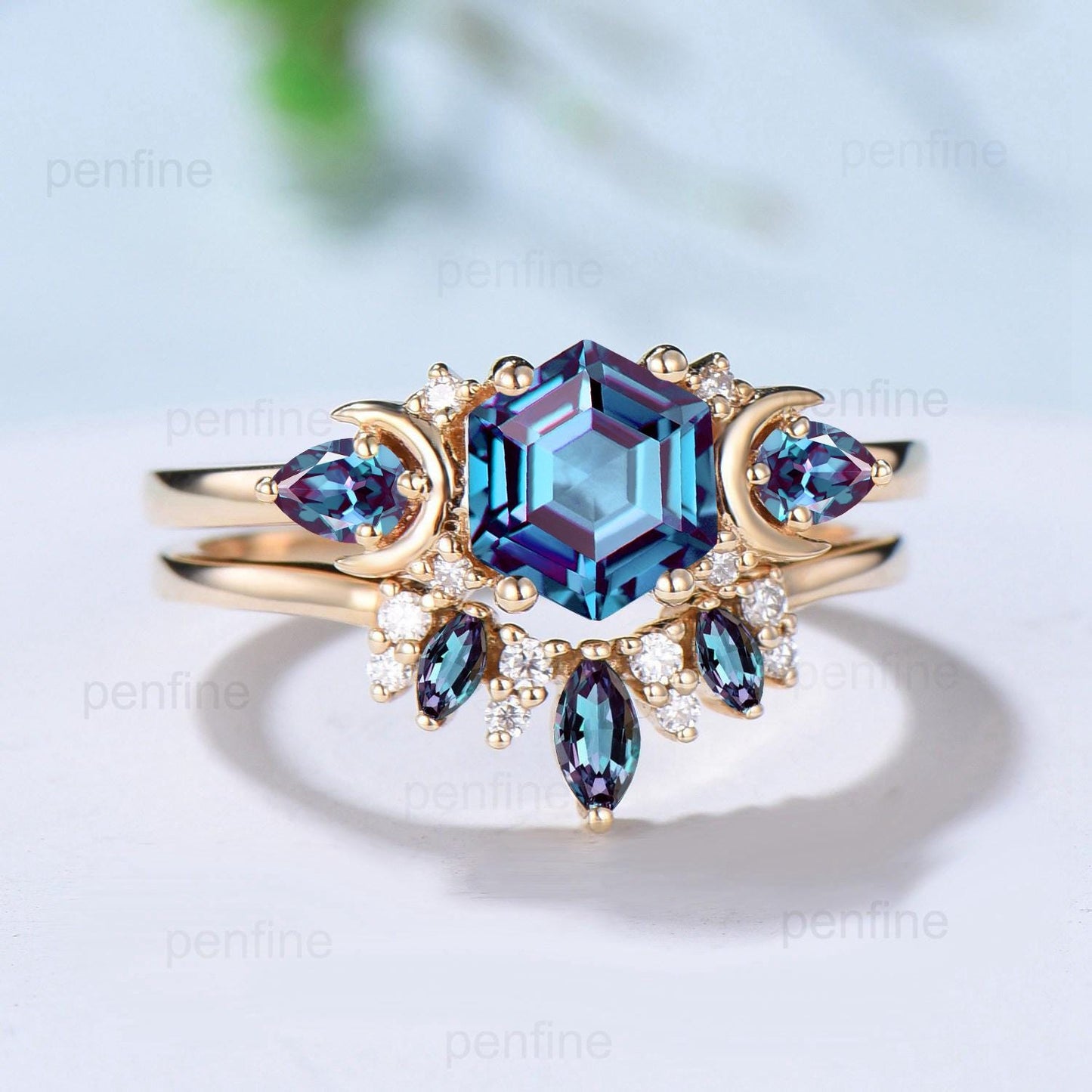Unique hexagon cut alexandrite engagement ring set 14k yellow gold moon pear color change stone wedding ring Elegant Alexandrite bridal set