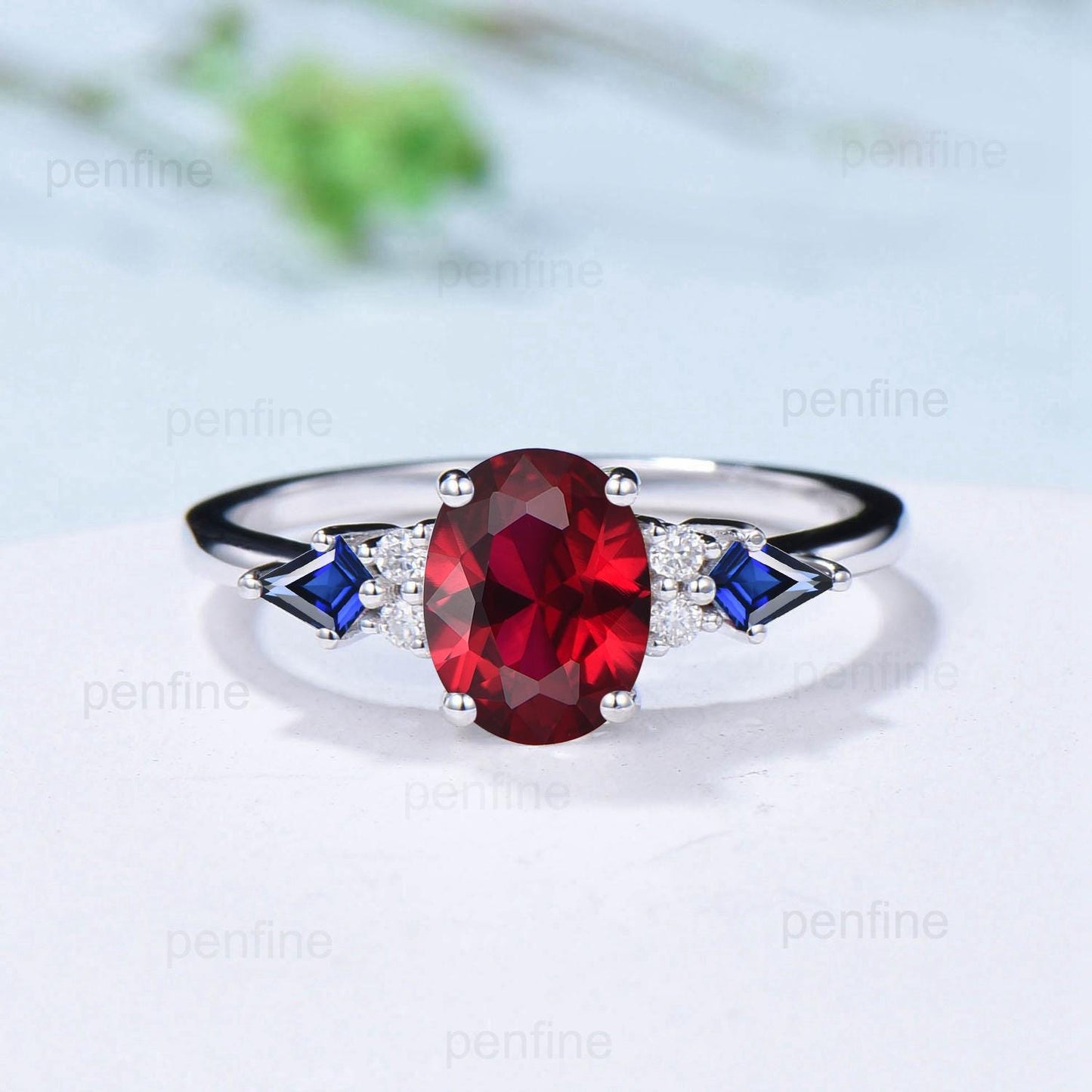 Vintage oval ruby engagement ring set Seven stone kite sapphire red ruby wedding ring set unique July birthstone anniversary promise ring