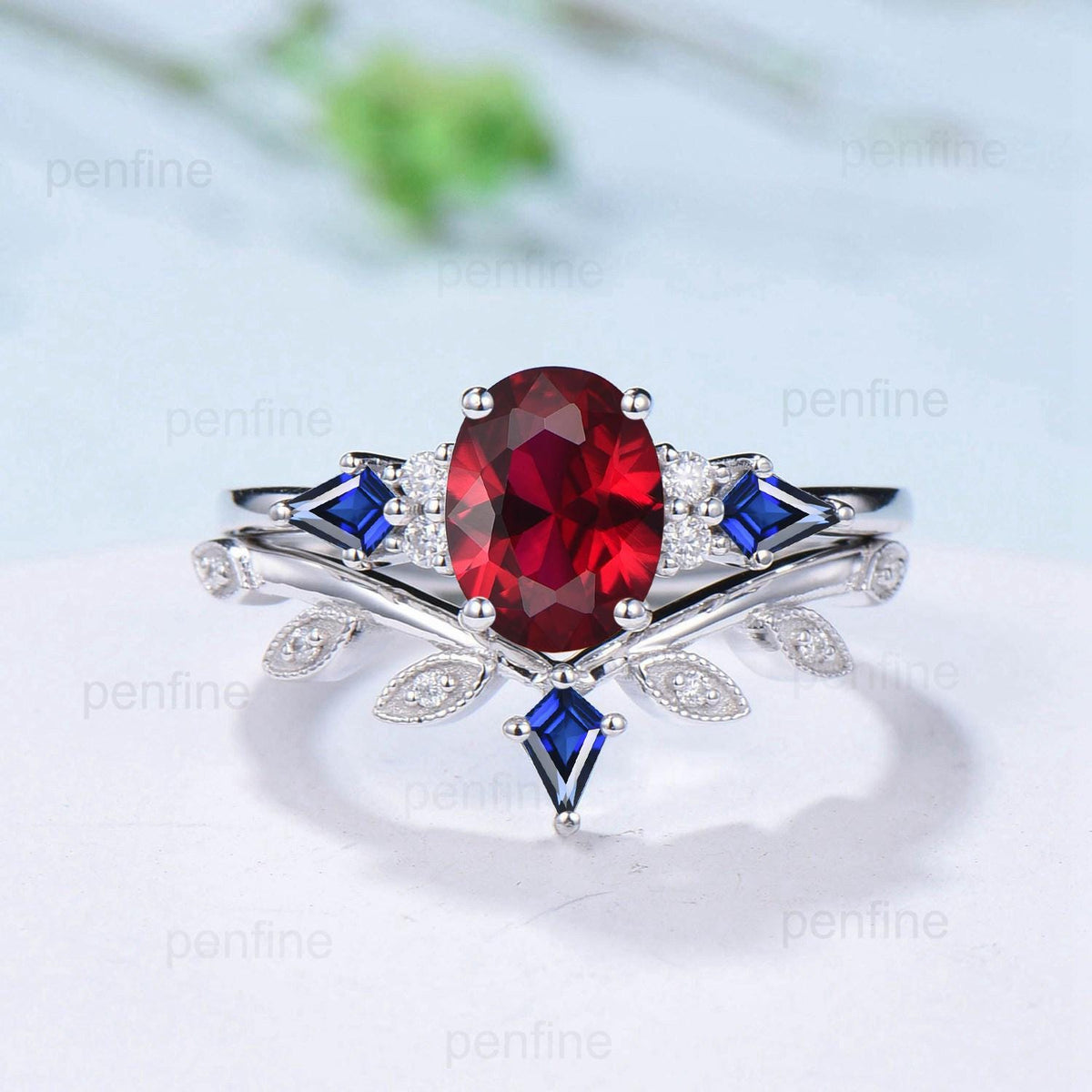 Vintage oval ruby engagement ring set Seven stone kite sapphire red ruby wedding ring set unique July birthstone anniversary promise ring