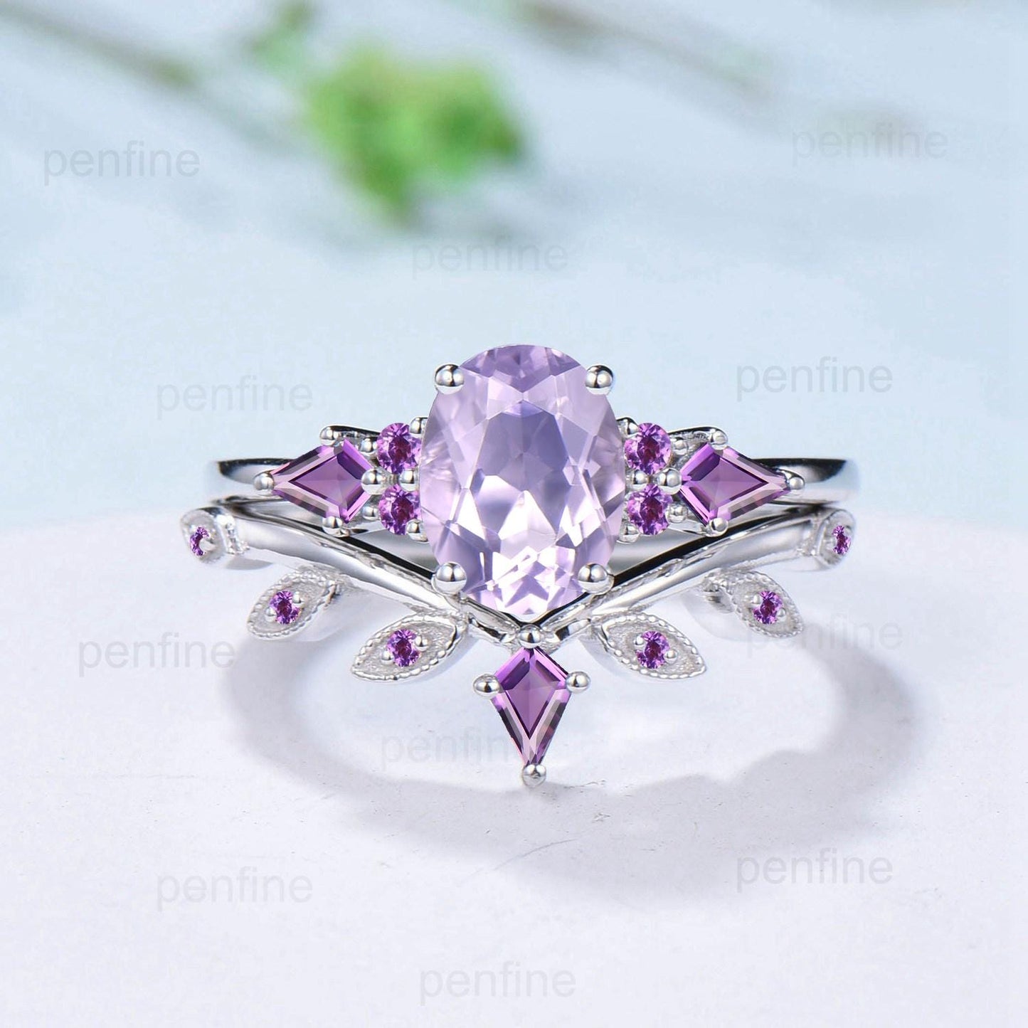 Handmade 14K Gold Lavender Amethyst Ring Set, Vintage Engagement Promise Ring