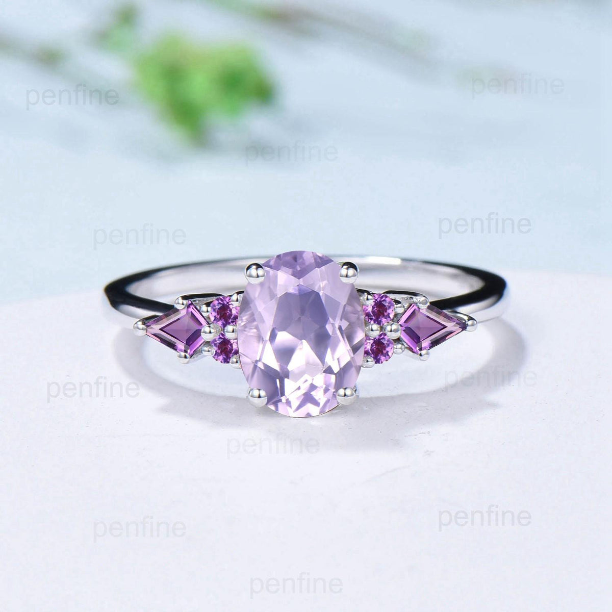 Handmade 14K Gold Lavender Amethyst Ring Set, Vintage Engagement Promise Ring