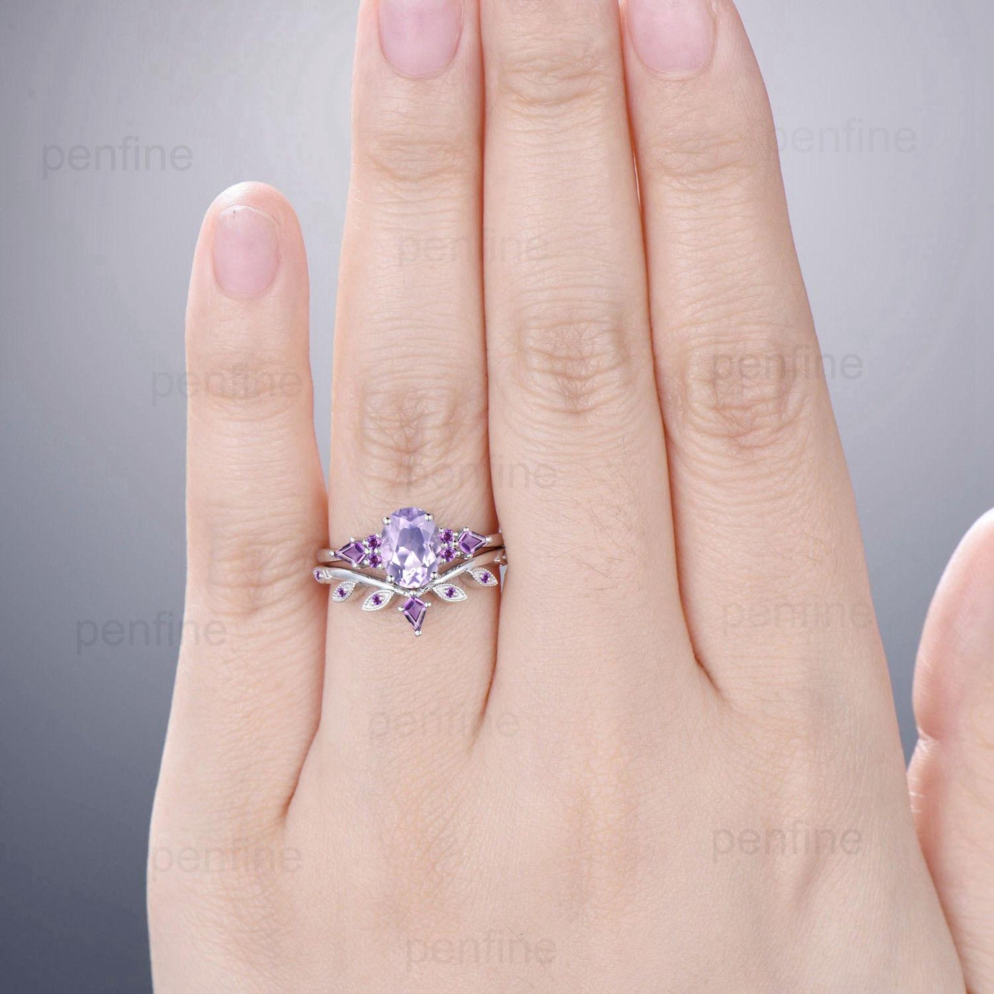 Handmade 14K Gold Lavender Amethyst Ring Set, Vintage Engagement Promise Ring