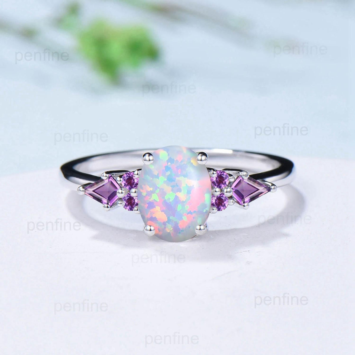 Vintage White Opal Ring Set for Women 1.5CT Oval October Birthstone Promise Engagement Unique Purple Amethyst Birthday Gifts for Daughter