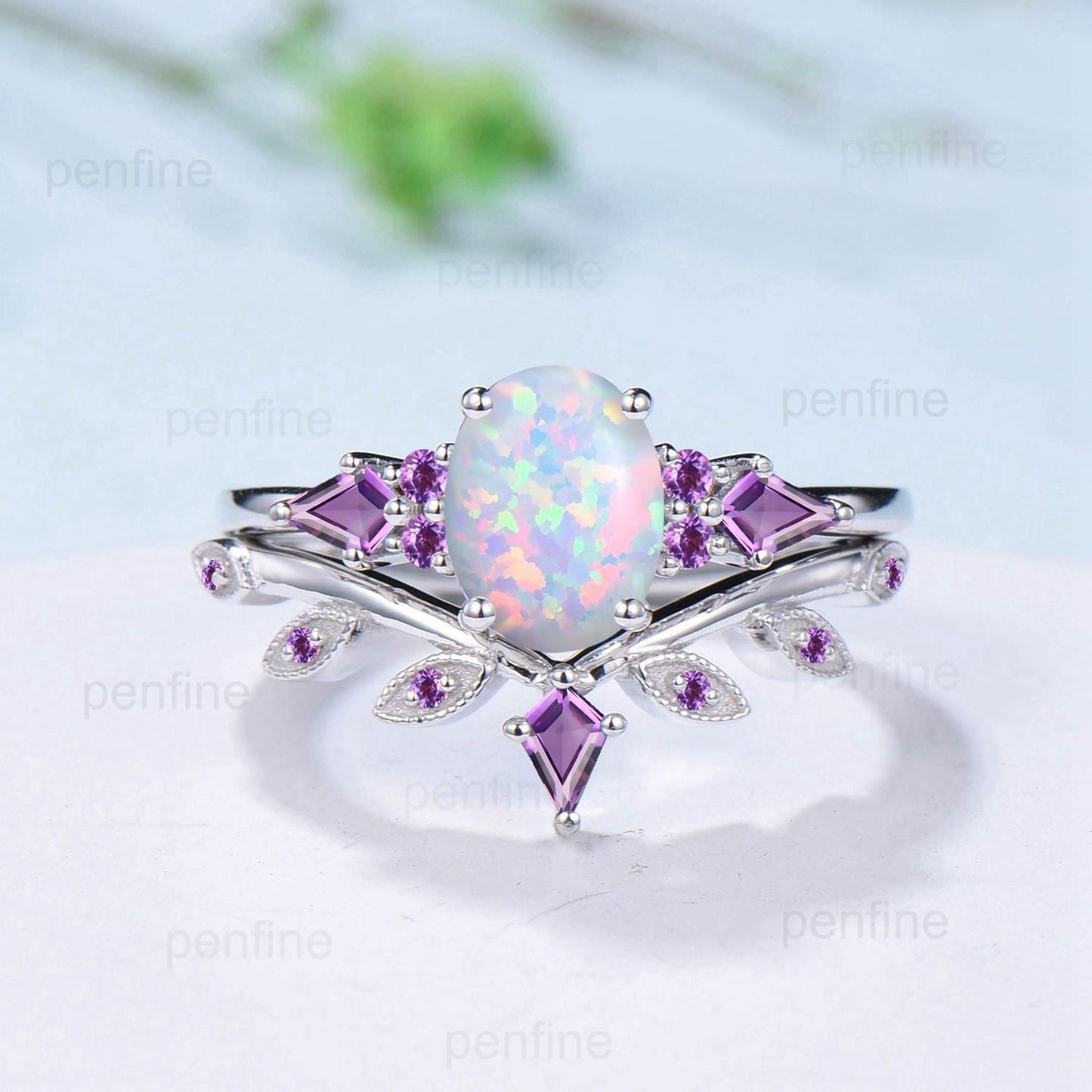 Vintage White Opal Ring Set for Women 1.5CT Oval October Birthstone Promise Engagement Unique Purple Amethyst Birthday Gifts for Daughter