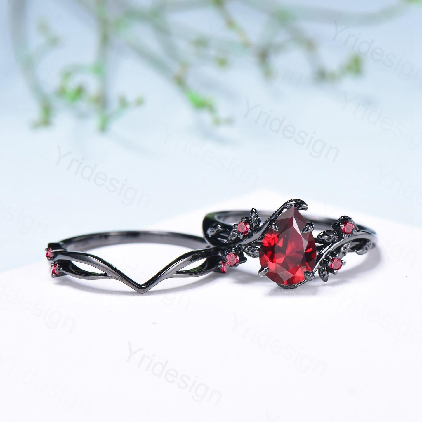 Nature inspired pear shaped ruby ring set black gold branch lab ruby engagement ring unique July birthstone twig vine wedding ring set women