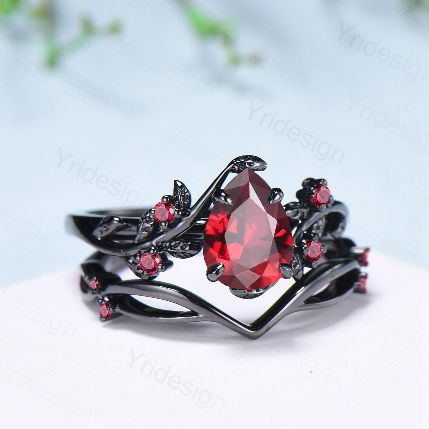 Nature inspired pear shaped ruby ring set black gold branch lab ruby engagement ring unique July birthstone twig vine wedding ring set women