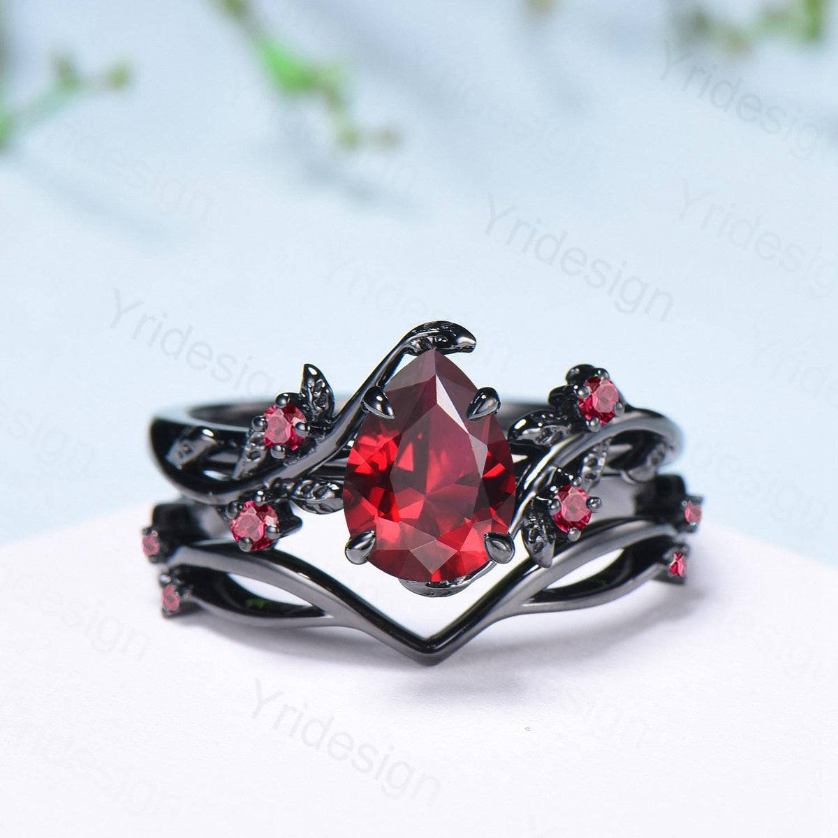 Nature inspired pear shaped ruby ring set black gold branch lab ruby engagement ring unique July birthstone twig vine wedding ring set women