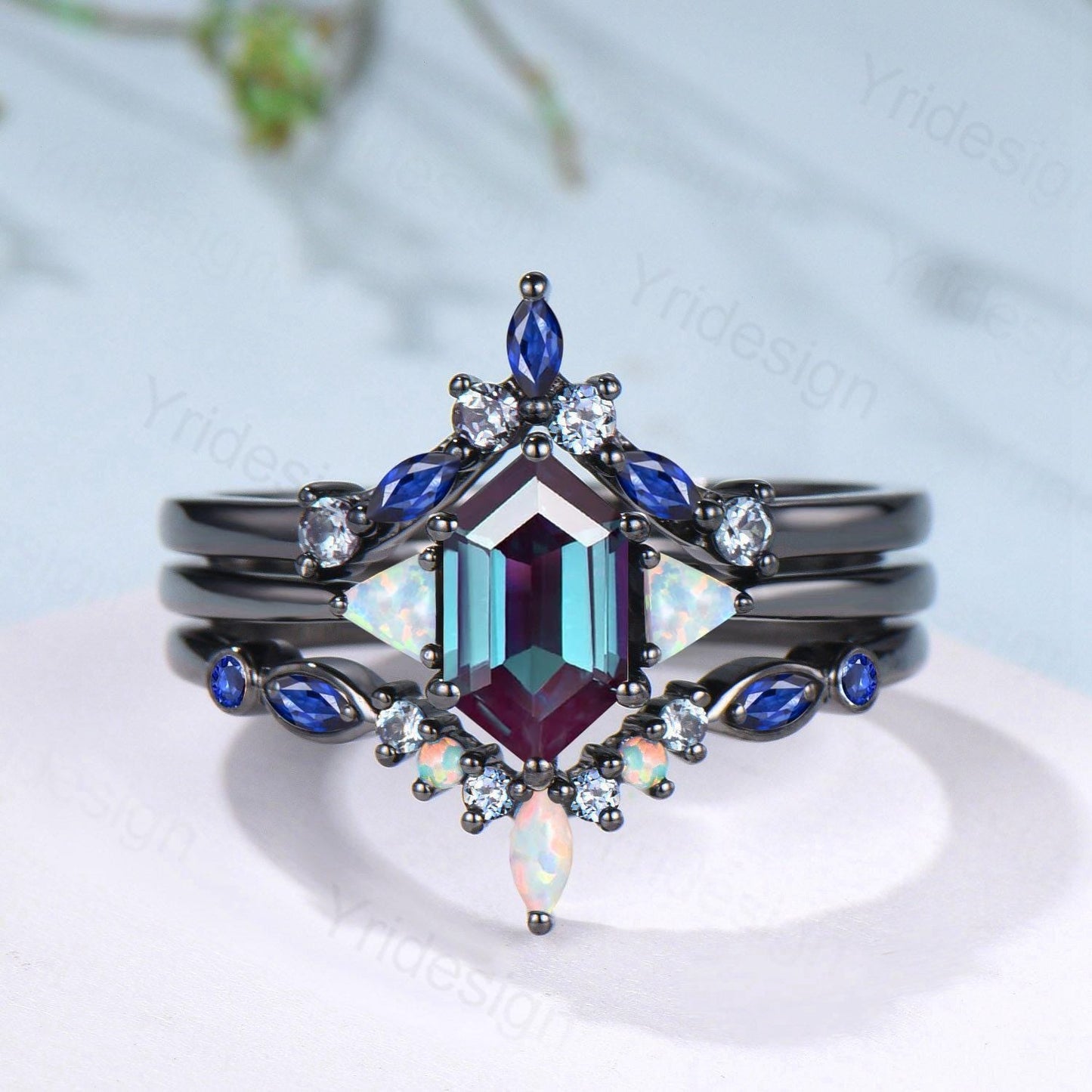 Three Stone Black Gold Alexandrite Wedding Ring Set Unique Long Hexagon Alexandrite Trillion Opal Gothic Engagement Ring Sapphire Opal Band