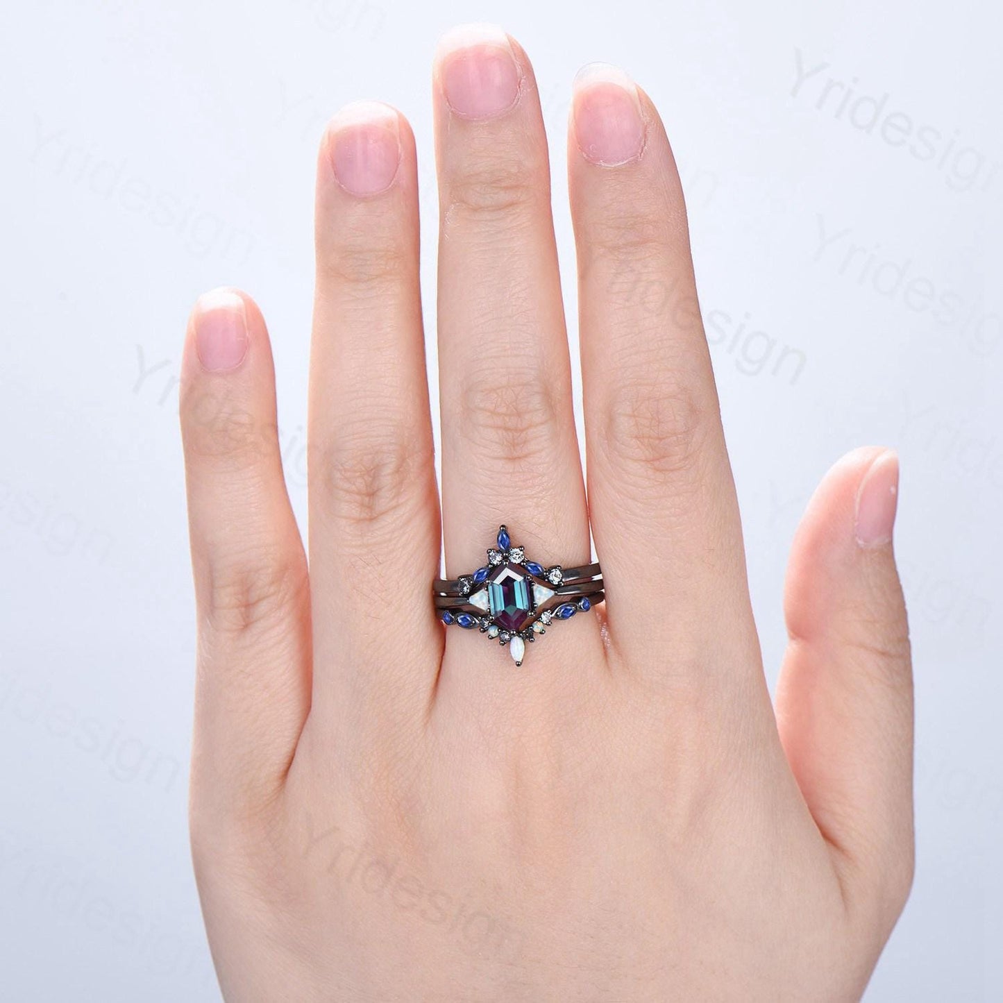 Three Stone Black Gold Alexandrite Wedding Ring Set Unique Long Hexagon Alexandrite Trillion Opal Gothic Engagement Ring Sapphire Opal Band