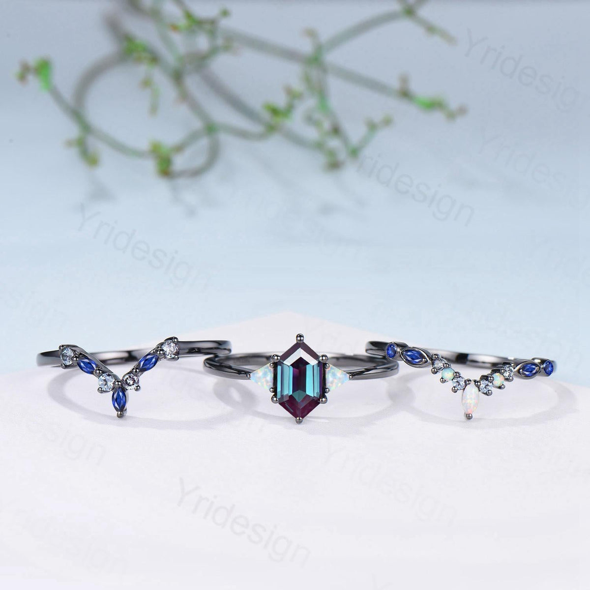 Three Stone Black Gold Alexandrite Wedding Ring Set Unique Long Hexagon Alexandrite Trillion Opal Gothic Engagement Ring Sapphire Opal Band