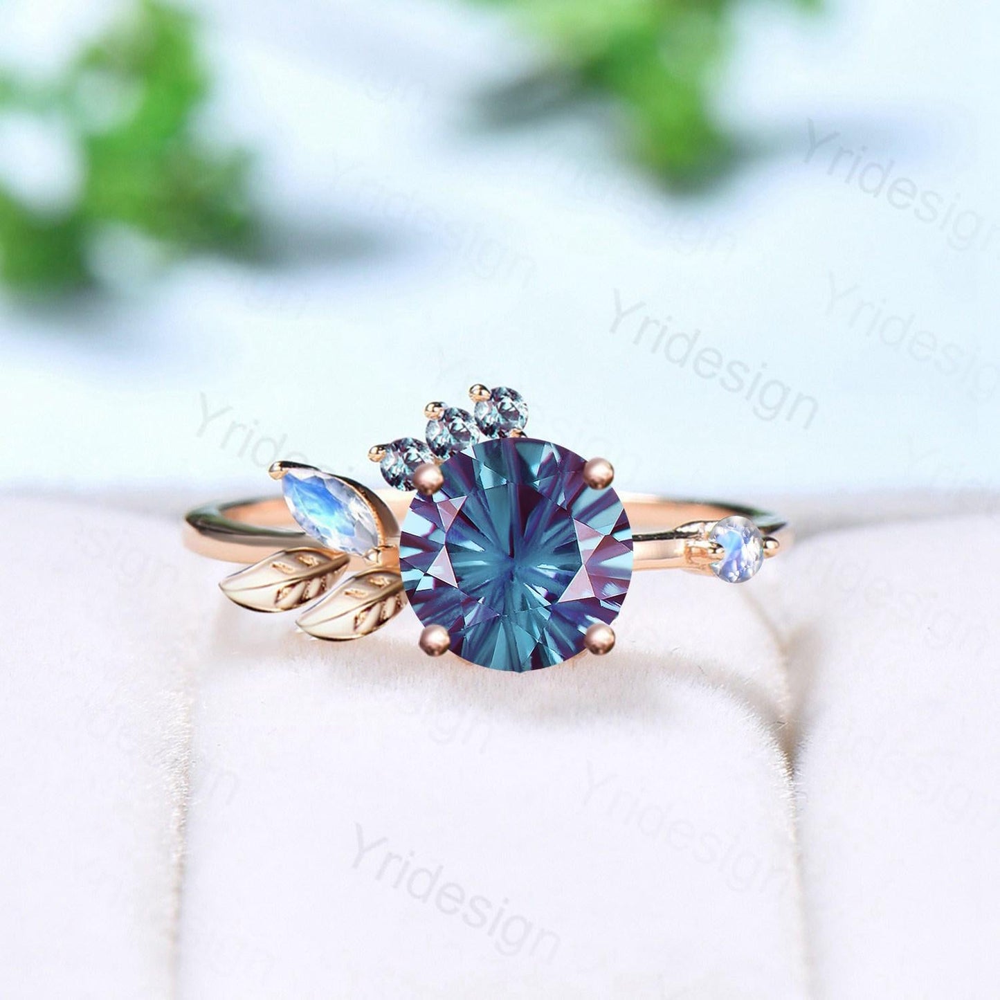 Unique fireworks cut alexandrite engagement ring branch leaves vine marquise moonstone wedding ring cluster June birthstone anniversary gift