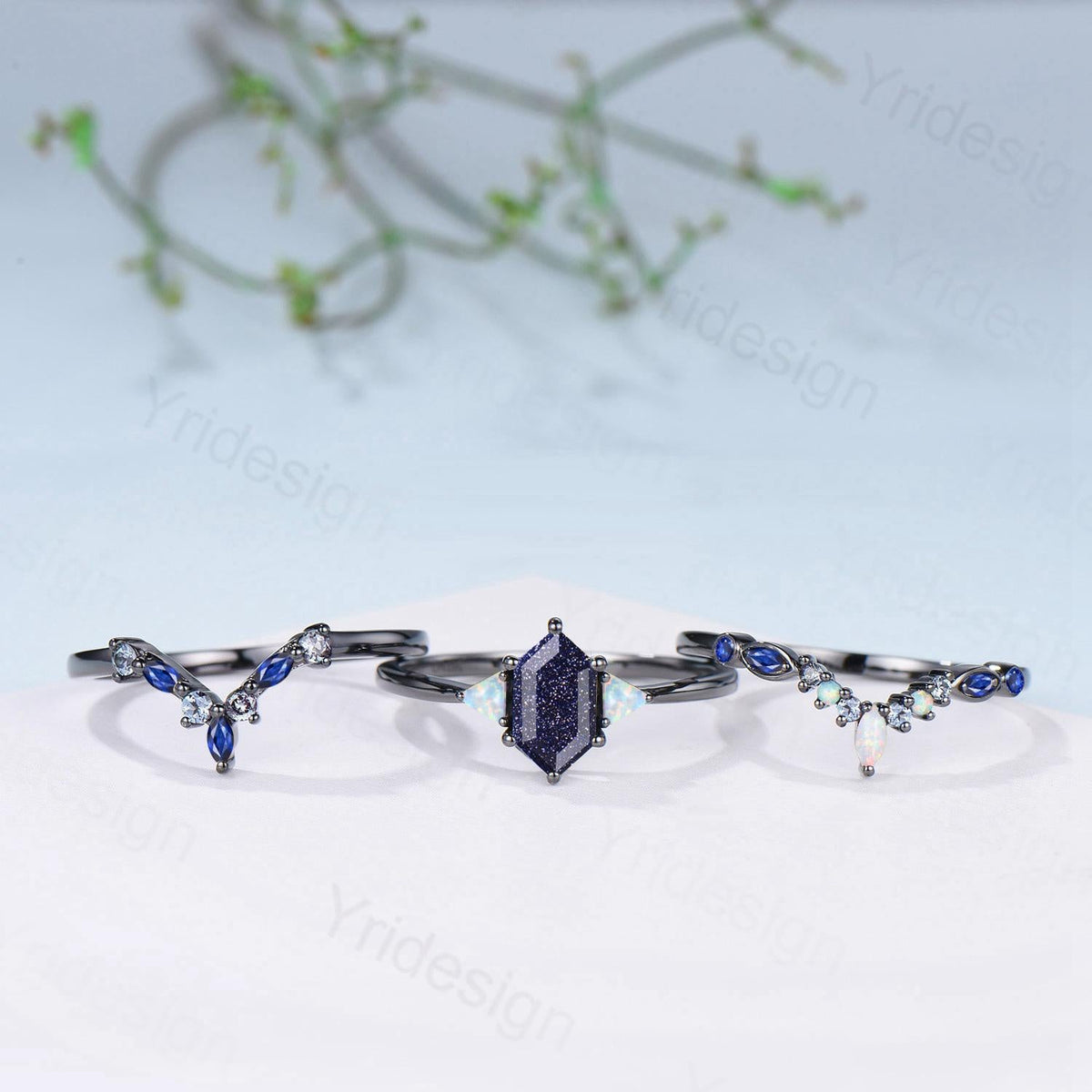 Black Gold Blue Sandstone Engagement Ring Set Unique Long Hexagon Galaxy Goldstone Three Stone Trillion Opal Gothic Sapphire Opal Bridal Set