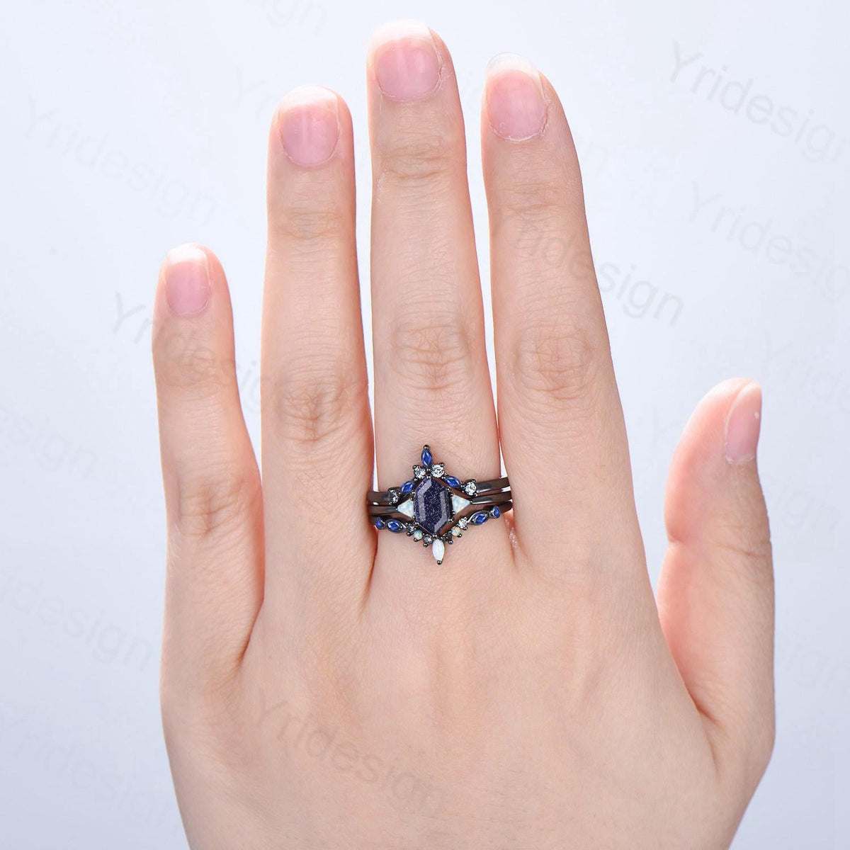 Black Gold Blue Sandstone Engagement Ring Set Unique Long Hexagon Galaxy Goldstone Three Stone Trillion Opal Gothic Sapphire Opal Bridal Set