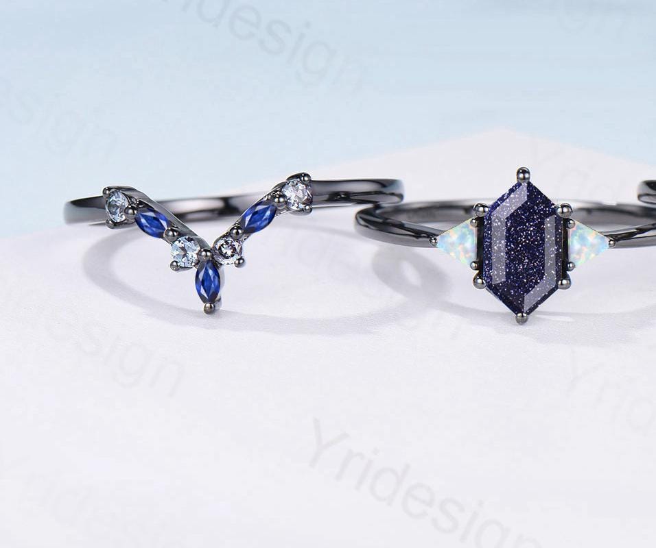 Black Gold Blue Sandstone Engagement Ring Set Unique Long Hexagon Galaxy Goldstone Three Stone Trillion Opal Gothic Sapphire Opal Bridal Set