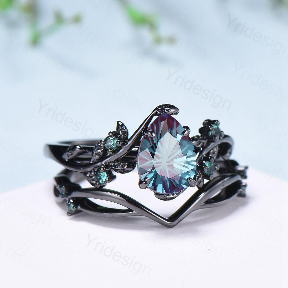 Fireworks Cut Alexandrite Engagement Ring Set Twig Vine Nature Inspired Black Gold Emerald Cluster Bridal Set