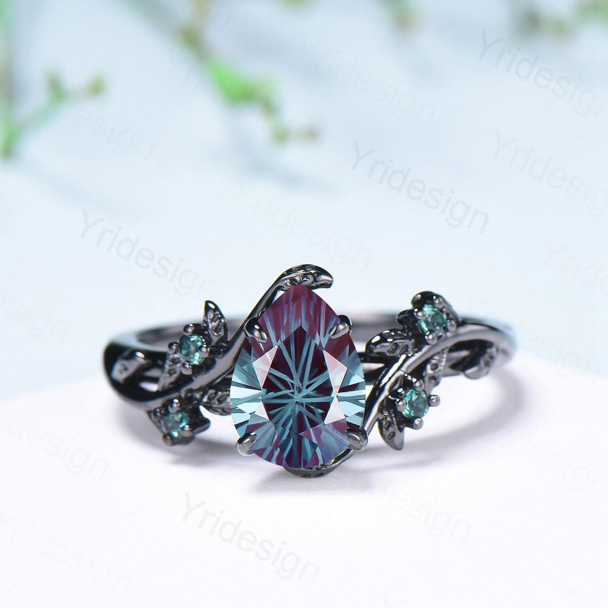 Fireworks Cut Alexandrite Engagement Ring Set Twig Vine Nature Inspired Black Gold Emerald Cluster Bridal Set