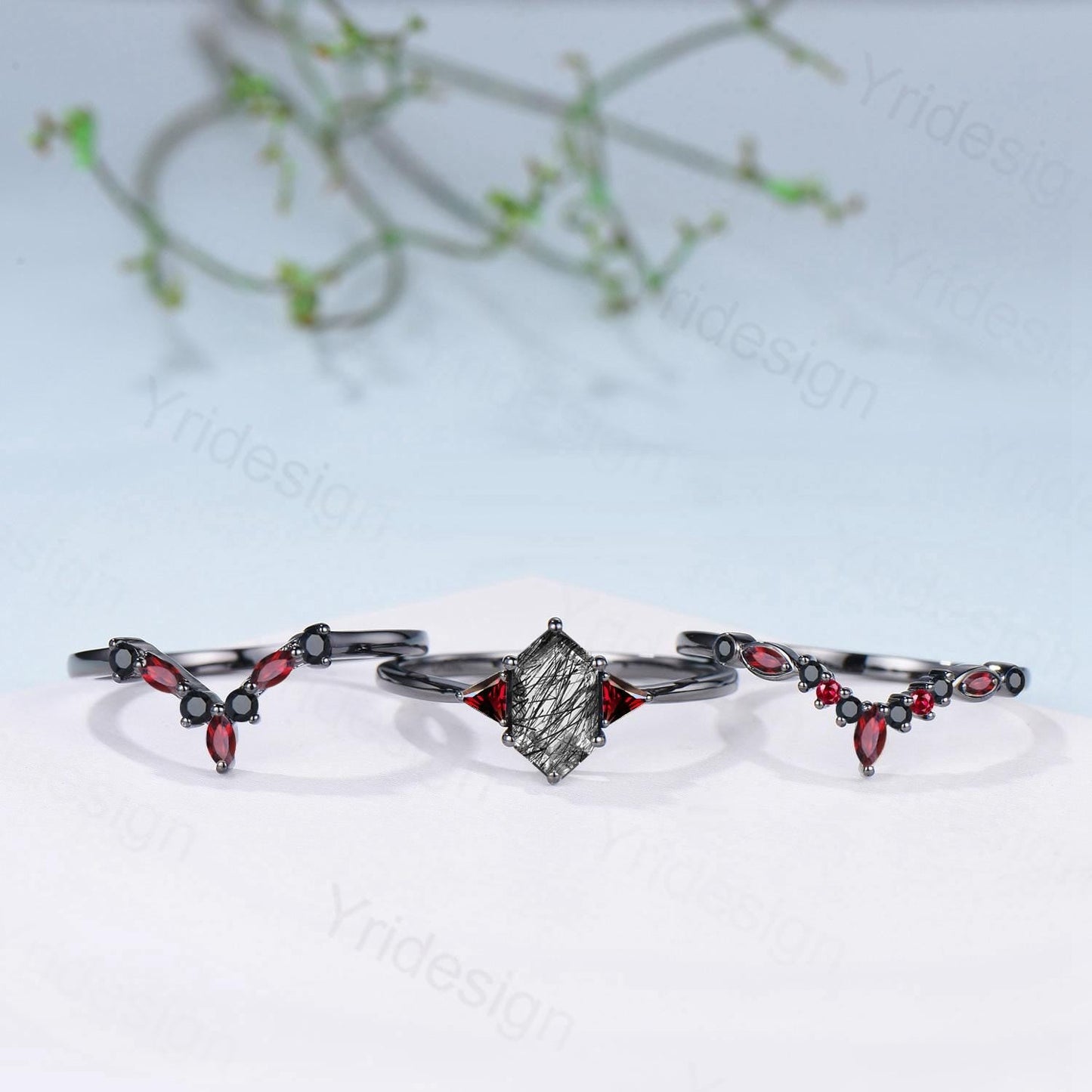 Three Stone Black Gold Rutilated Quartz Wedding Ring Set Unique Long Hexagon Black Tourmaline Trillion Garnet Spinel Gothic Engagement Ring