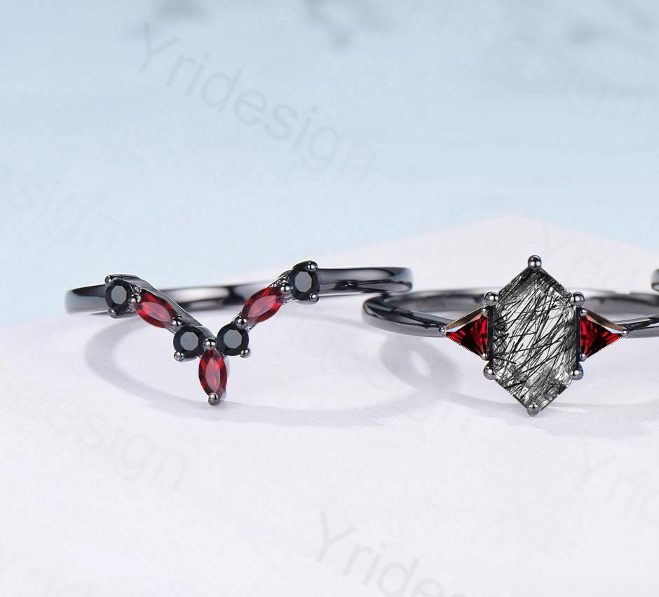 Three Stone Black Gold Rutilated Quartz Wedding Ring Set Unique Long Hexagon Black Tourmaline Trillion Garnet Spinel Gothic Engagement Ring
