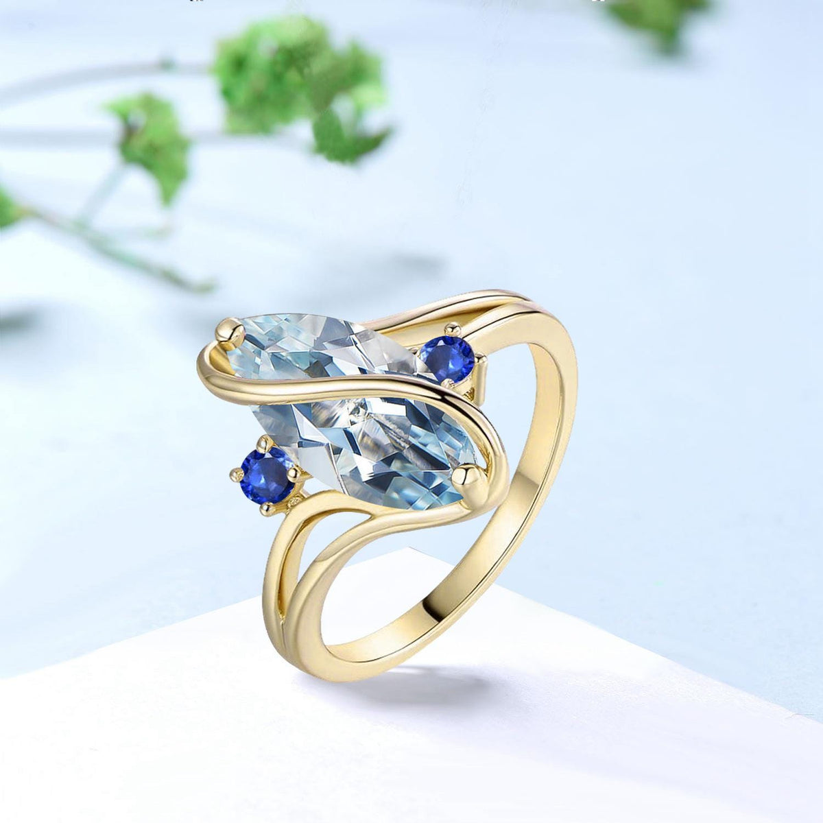 Marquise Aquamarine Engagement Ring, Split Shank, Sapphire Accents