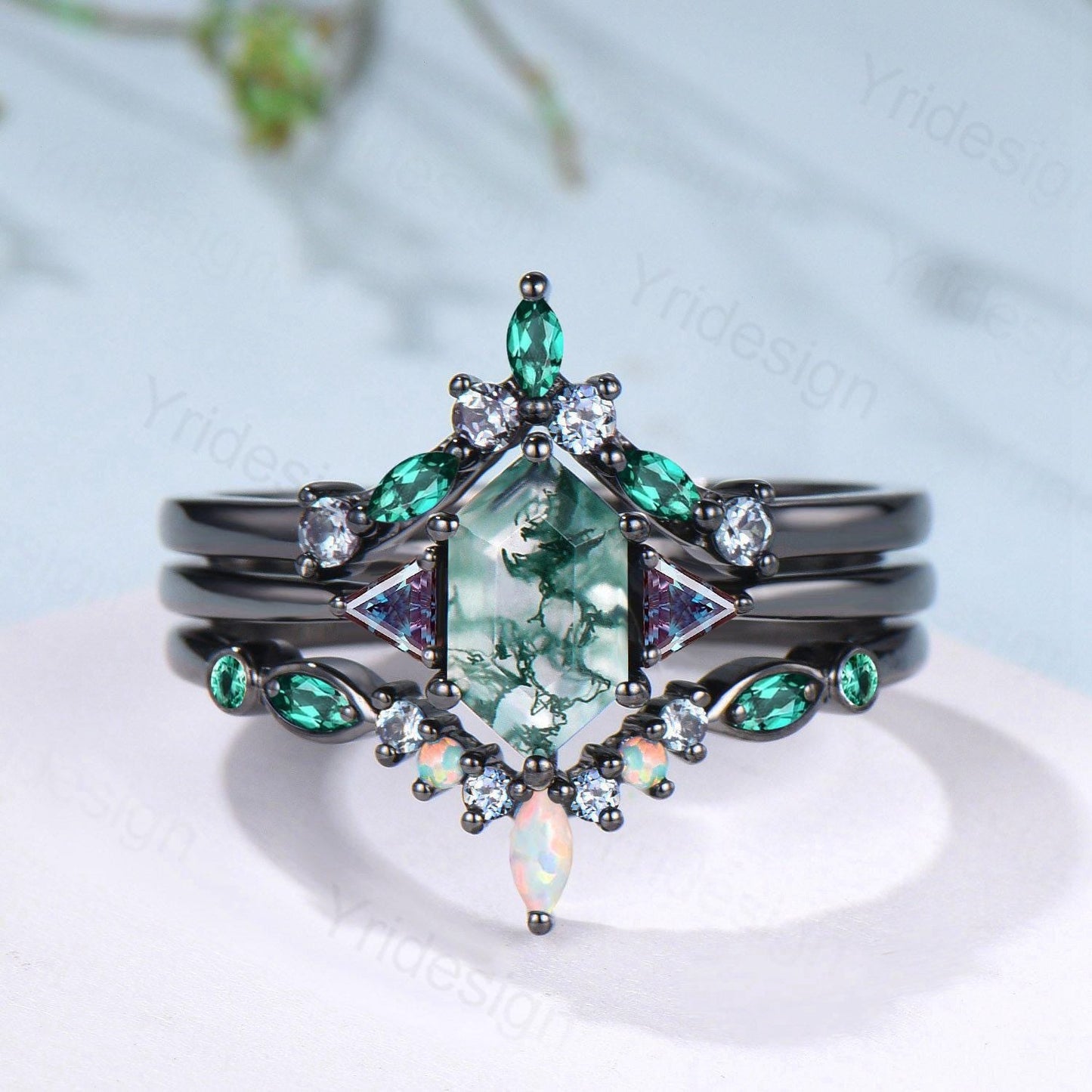 Three Stone Black Gold Moss Agate Wedding Set Unique Long Hexagon Green Agate Trillion Alexandrite Gothic Engagement Ring Emerald Opal Band