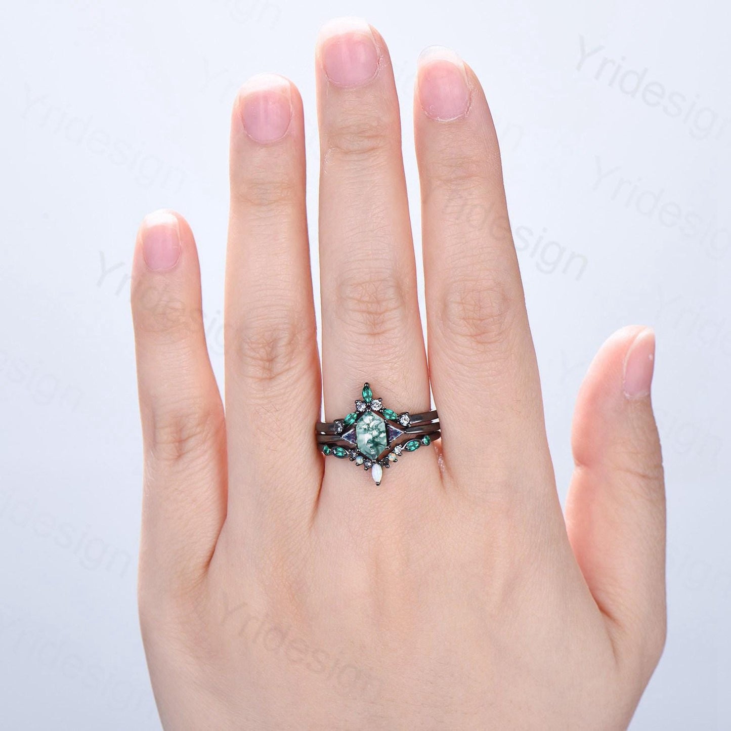 Three Stone Black Gold Moss Agate Wedding Set Unique Long Hexagon Green Agate Trillion Alexandrite Gothic Engagement Ring Emerald Opal Band