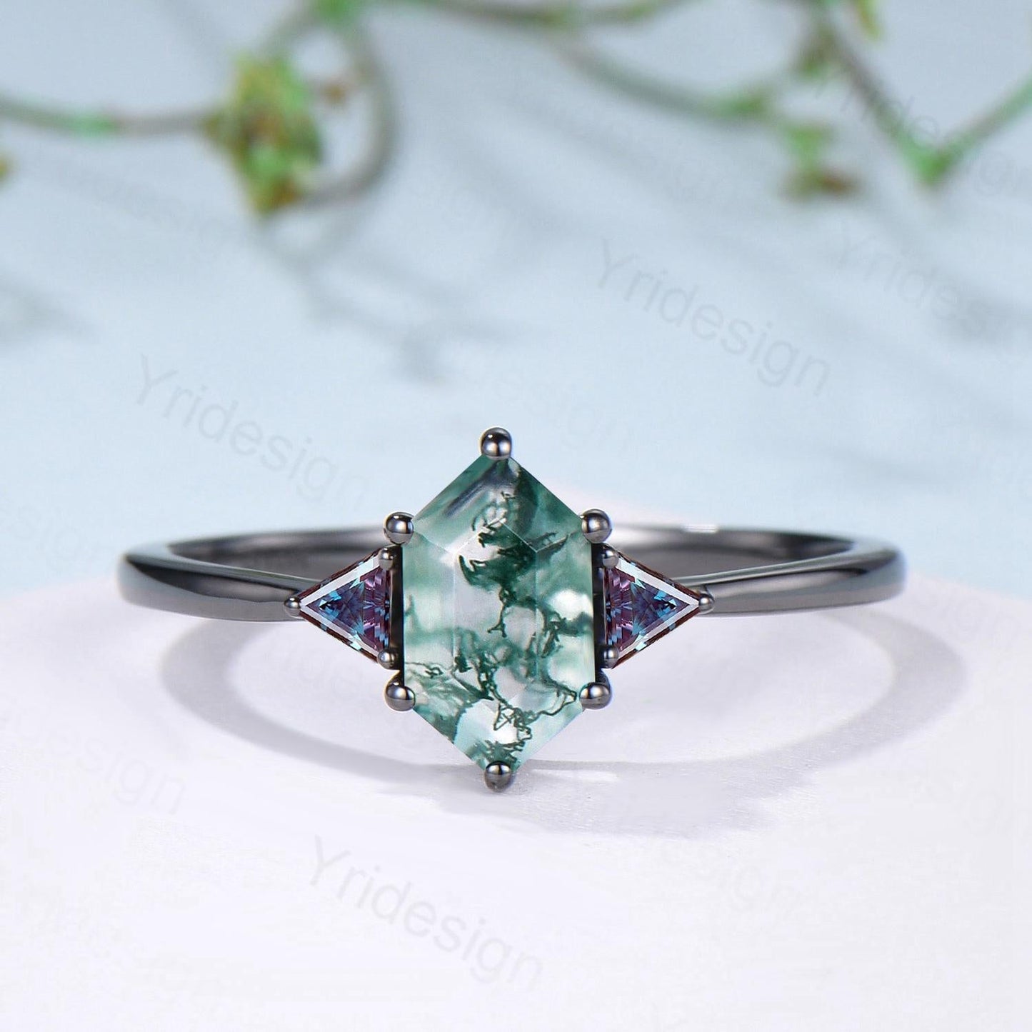 Three Stone Black Gold Moss Agate Wedding Set Unique Long Hexagon Green Agate Trillion Alexandrite Gothic Engagement Ring Emerald Opal Band