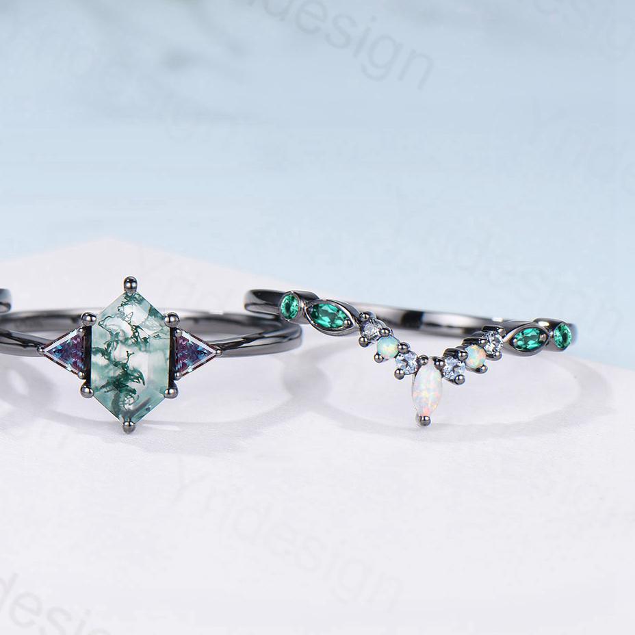 Three Stone Black Gold Moss Agate Wedding Set Unique Long Hexagon Green Agate Trillion Alexandrite Gothic Engagement Ring Emerald Opal Band