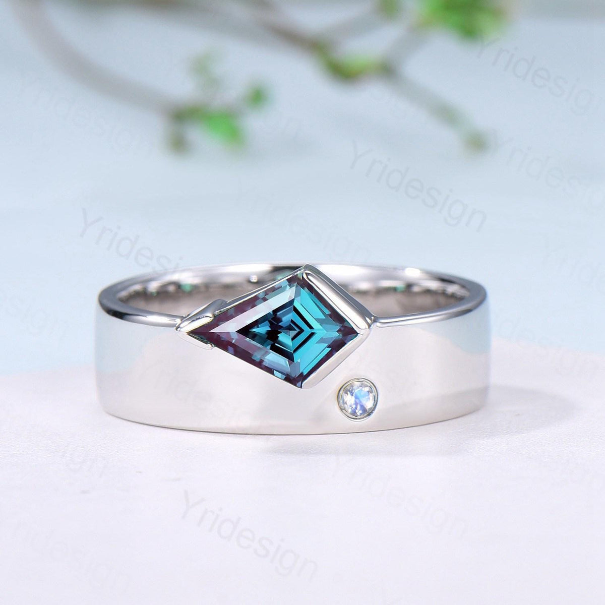One Of a Kind Alexandrite Wedding Band Men Unique Kite Cut Alexandrite Moonstone Men's Wedding Ring 6mm Stacking Anniversary Matching Band