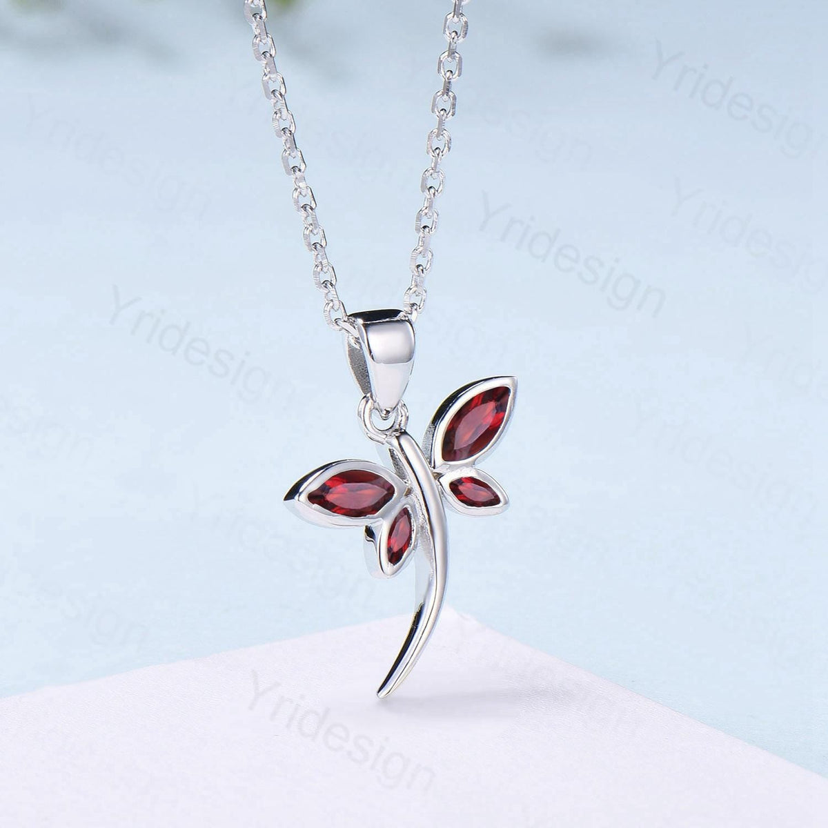 Dainty Marquise Garnet Dragonfly Necklace, Handmade 14k Gold Pendant