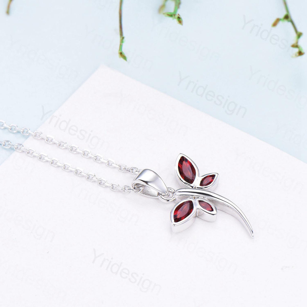 Dainty Marquise Garnet Dragonfly Necklace, Handmade 14k Gold Pendant