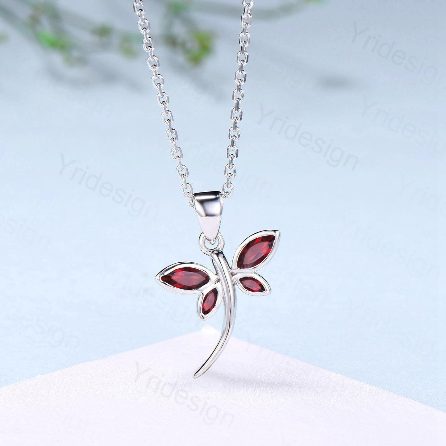 Dainty Marquise Garnet Dragonfly Necklace, Handmade 14k Gold Pendant
