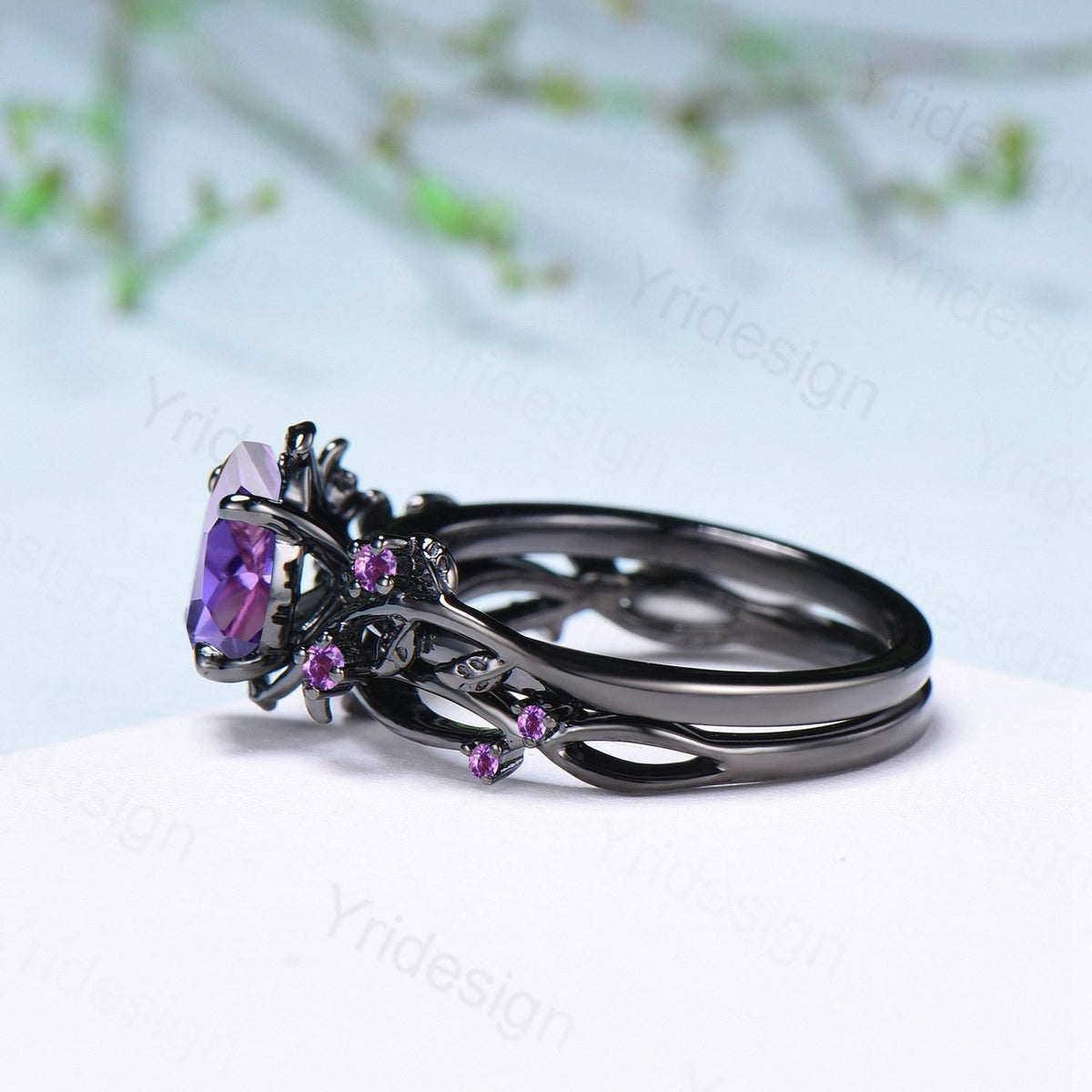 Black Gold Purple Sapphire Bridal Ring Set, Vintage Leaf Amethyst Wedding Rings