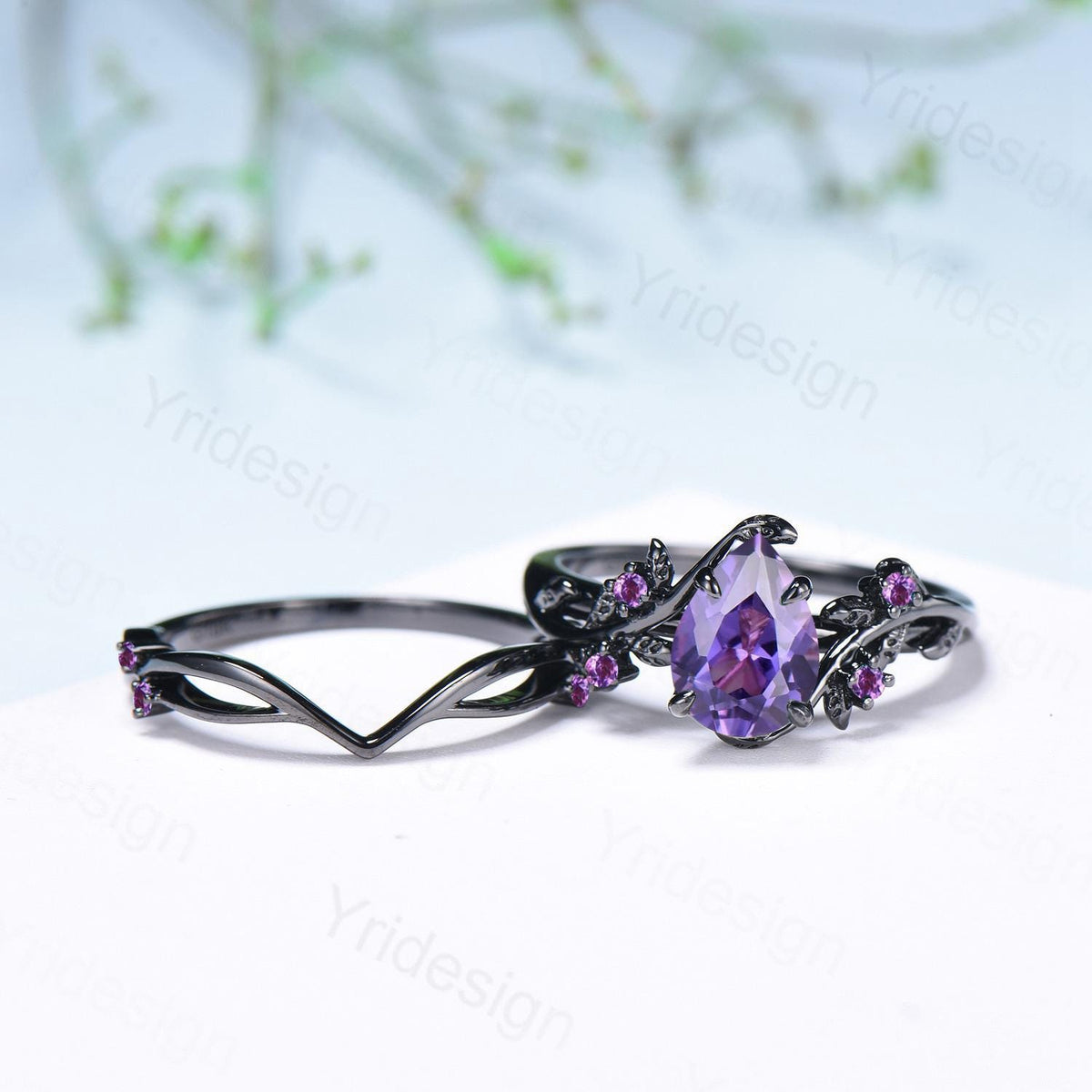 Black Gold Purple Sapphire Bridal Ring Set, Vintage Leaf Amethyst Wedding Rings