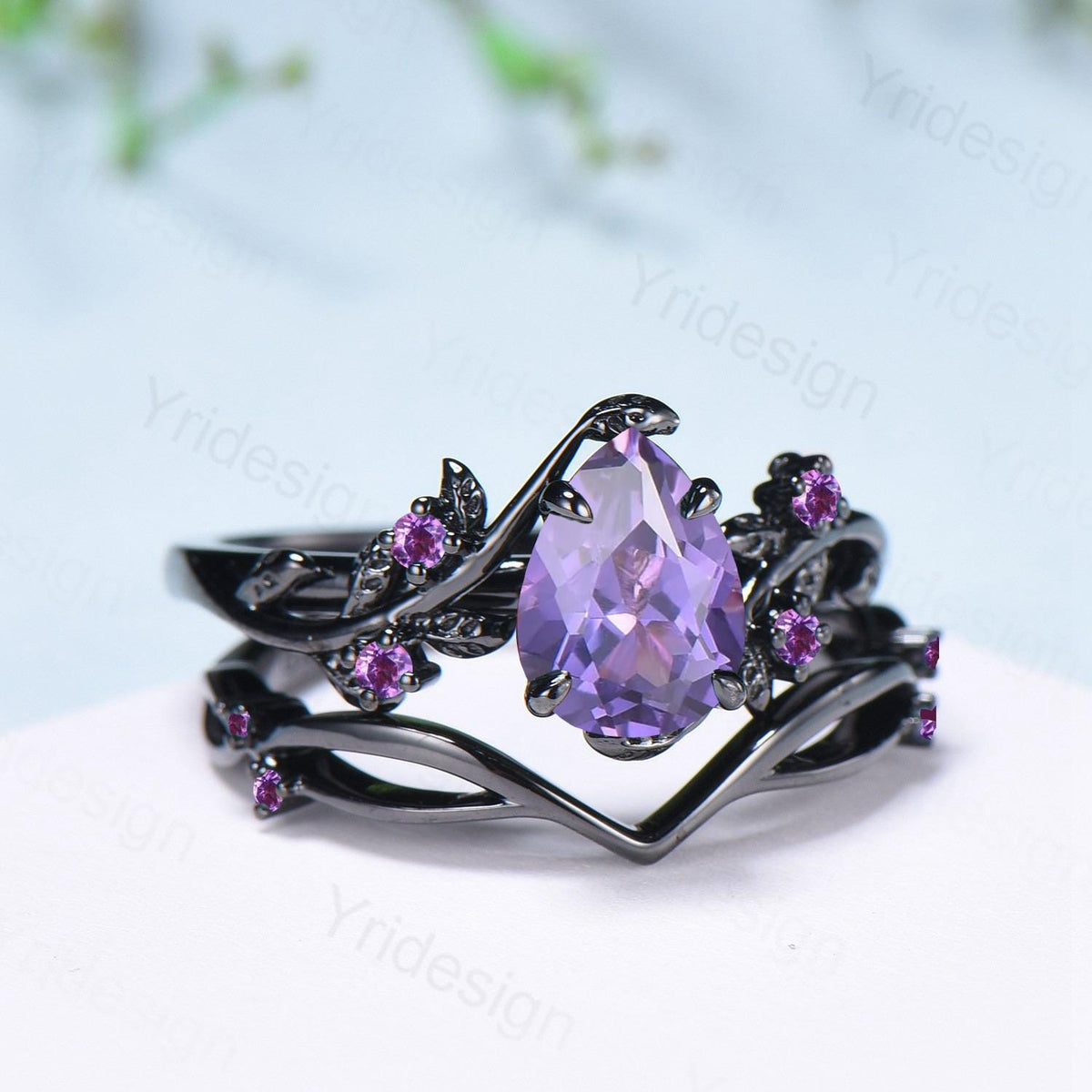 Black Gold Purple Sapphire Bridal Ring Set, Vintage Leaf Amethyst Wedding Rings