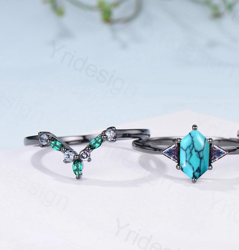Black Gold Turquoise Ring Set, Alexandrite Opal Bridal Rings