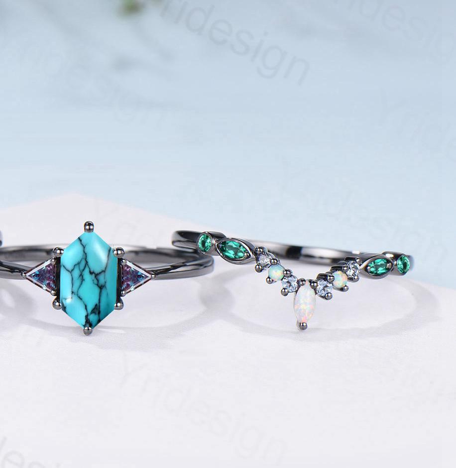 Black Gold Turquoise Ring Set, Alexandrite Opal Bridal Rings