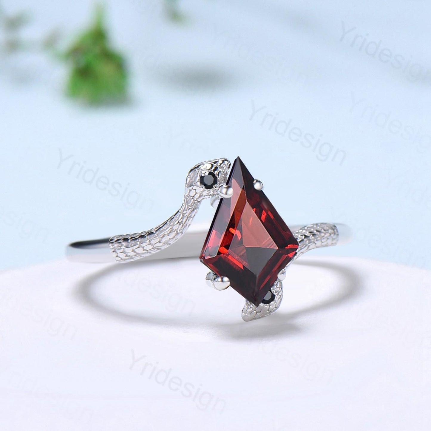 Garnet Snake Ring, Black Gold Gothic Engagement Ring, Kite Cut