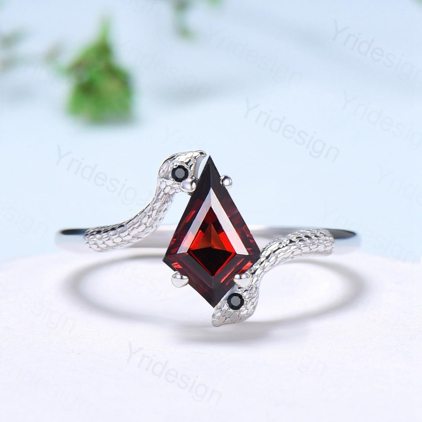 Garnet Snake Ring, Black Gold Gothic Engagement Ring, Kite Cut
