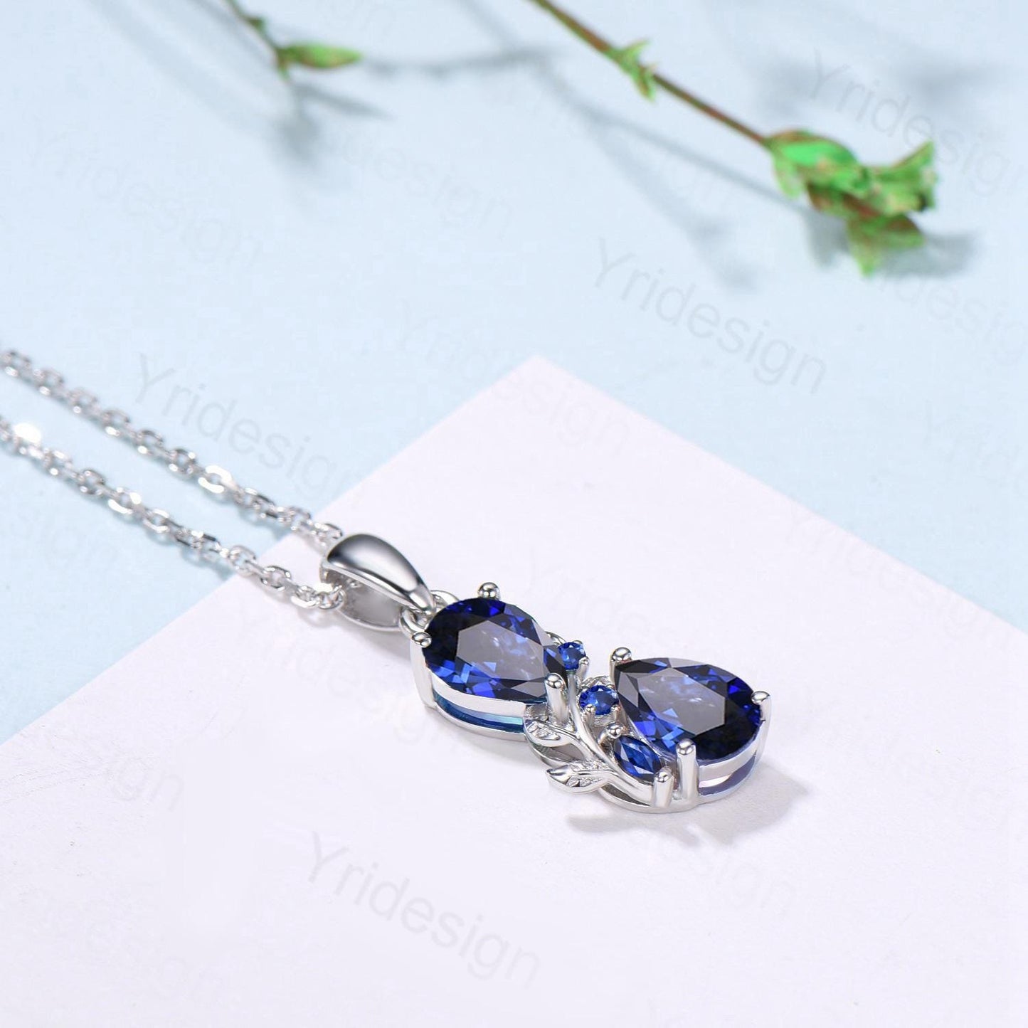 Pear Sapphire Pendant Necklace, 14K Rose Gold Branch & Snake Design