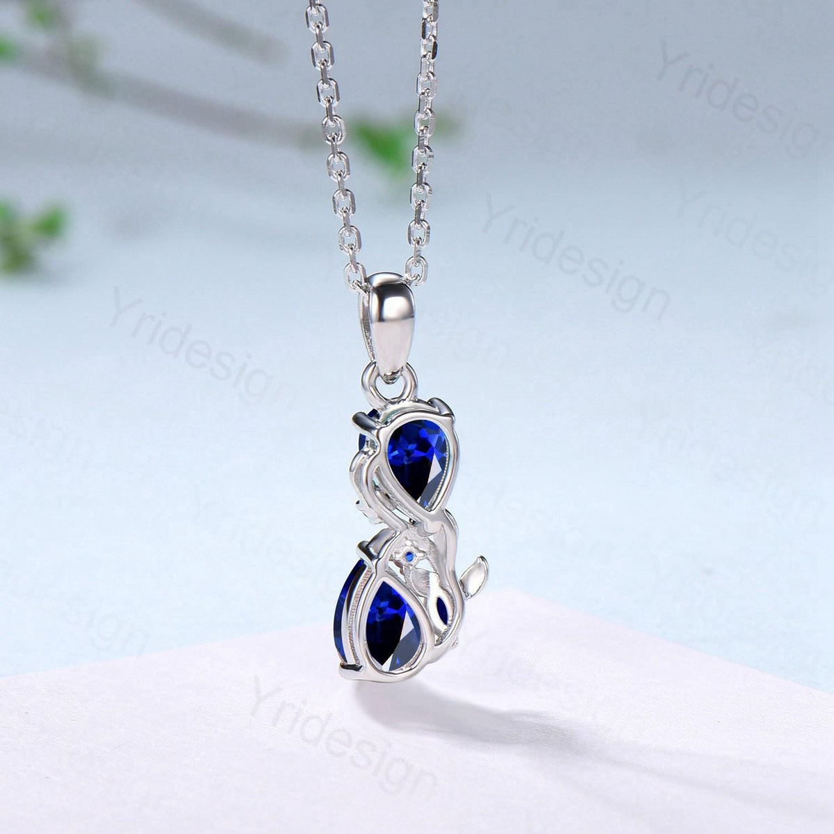 Pear Sapphire Pendant Necklace, 14K Rose Gold Branch & Snake Design