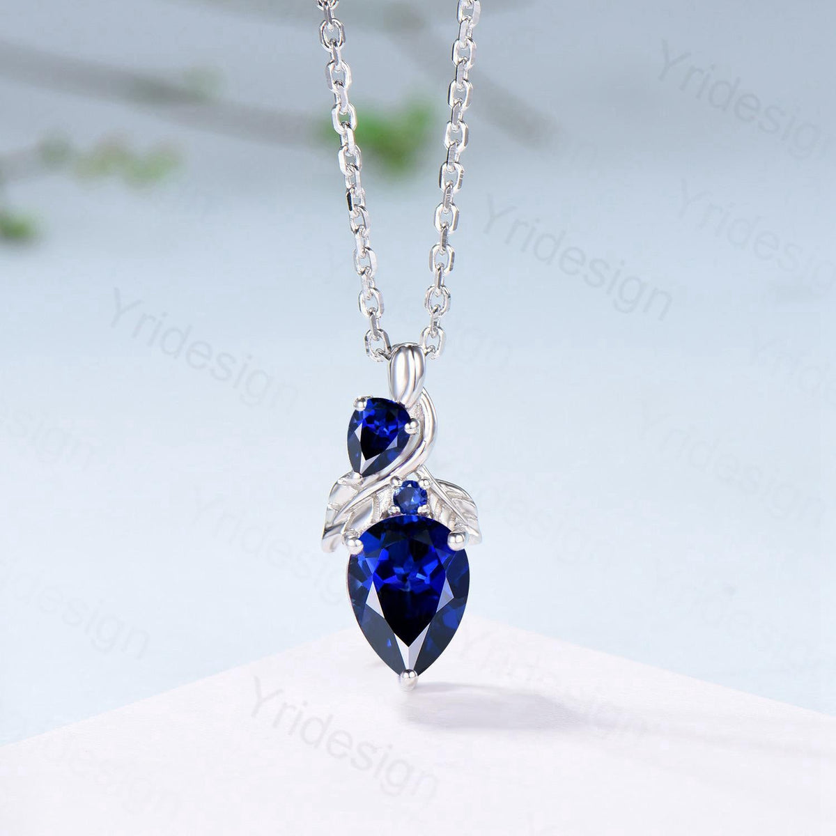Pear Blue Sapphire Pendant Necklace, Nature Inspired Leaf Vine, Handmade Gold